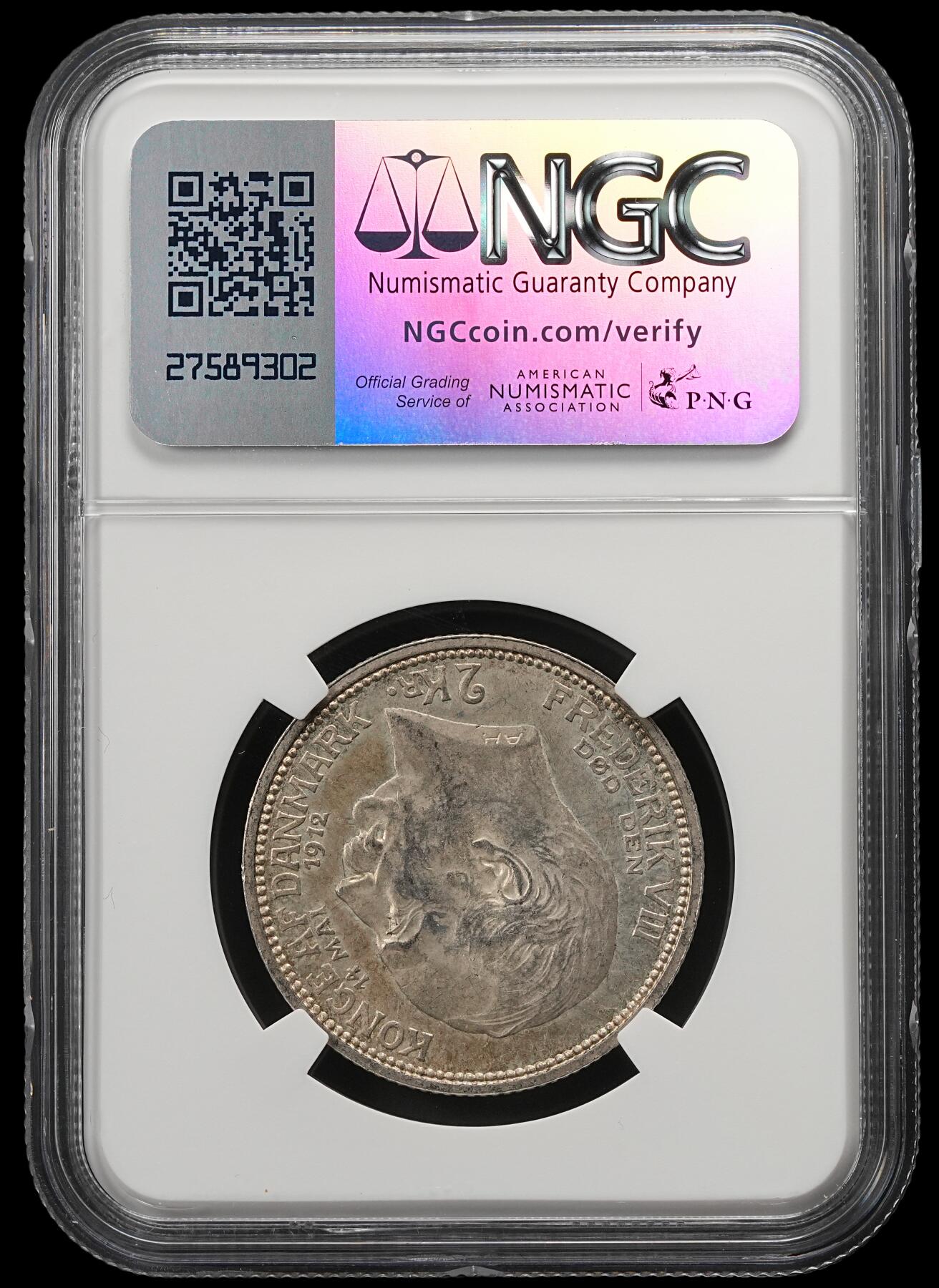修遠堂世界钱币第五十四期 全场包邮 NGC MS62 1912年丹麦国王更迭纪念2克朗银币