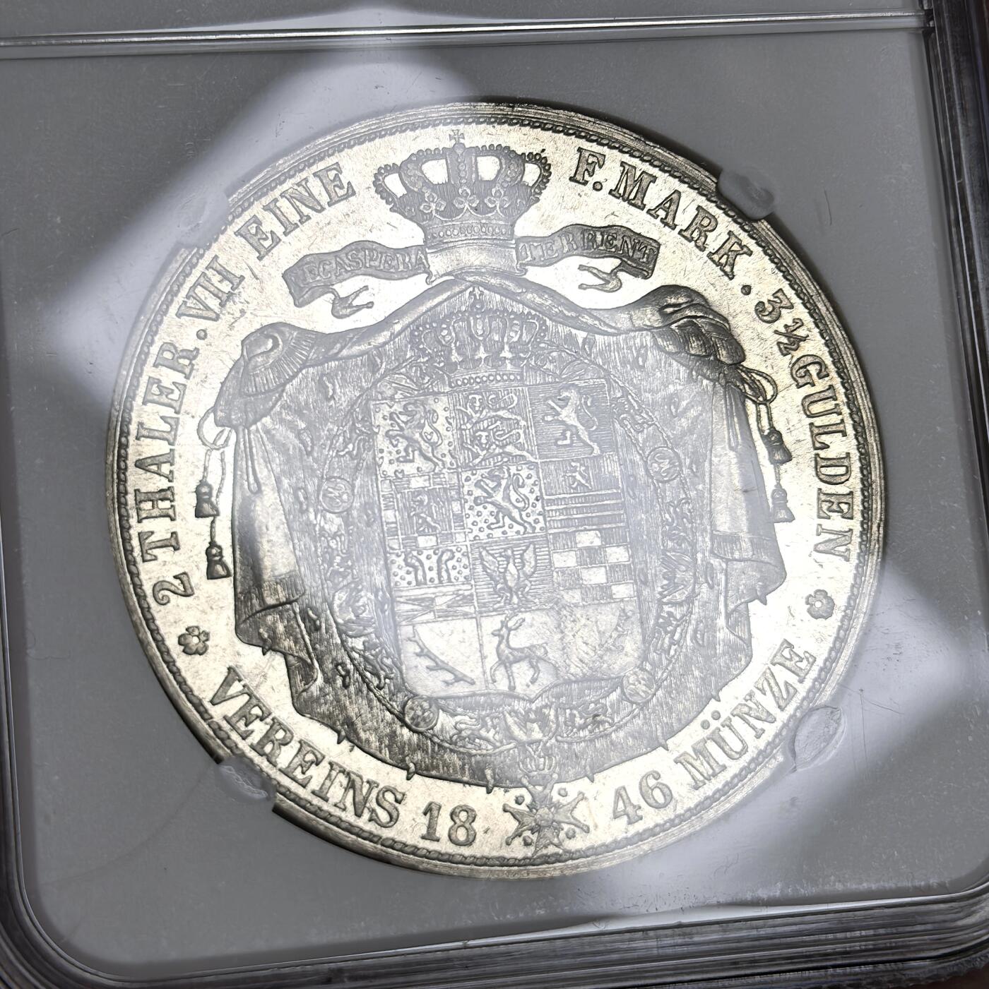 博洋堂世界钱币拍卖第107期（全场包邮） NGC MS61 德国布伦瑞克-沃尔芬比特尔1846年公爵威廉·弗里德里希大纹章流通2泰勒，唯一冠军分！