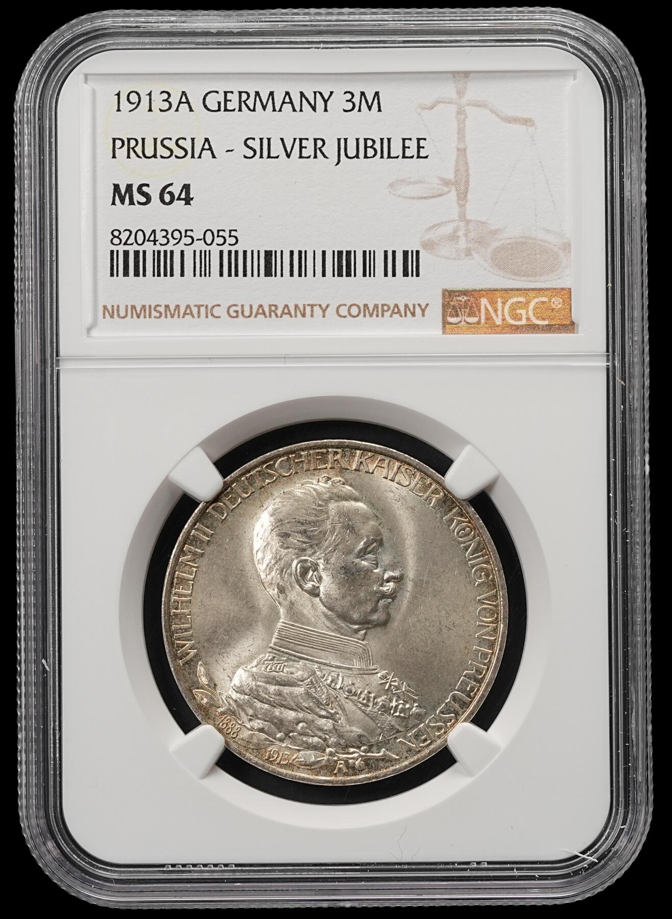 修遠堂世界钱币第五十四期 全场包邮 NGC MS64 1913年普鲁士威廉二世执政25周年纪念3马克银币