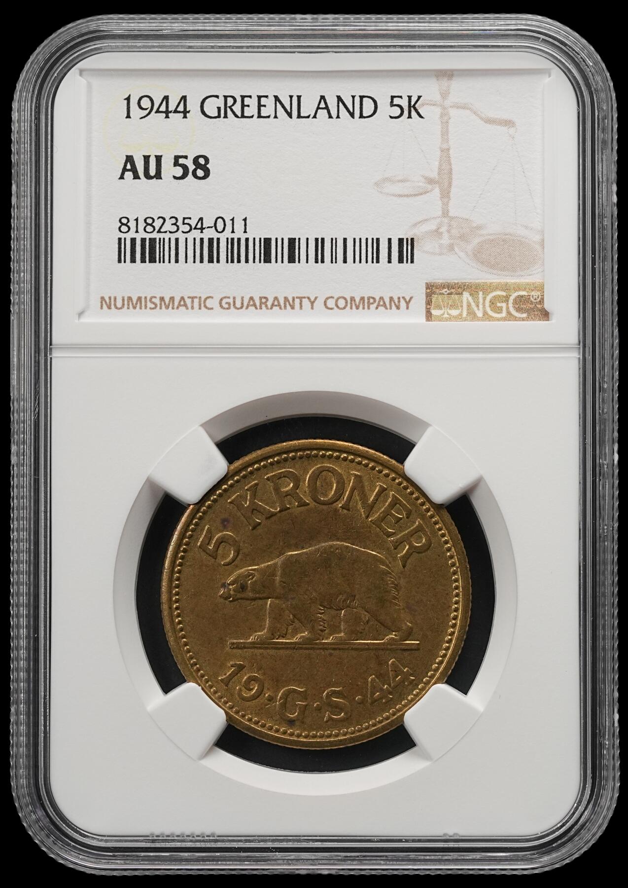 修遠堂世界钱币第五十四期 全场包邮 NGC AU58 1944年格陵兰5克朗