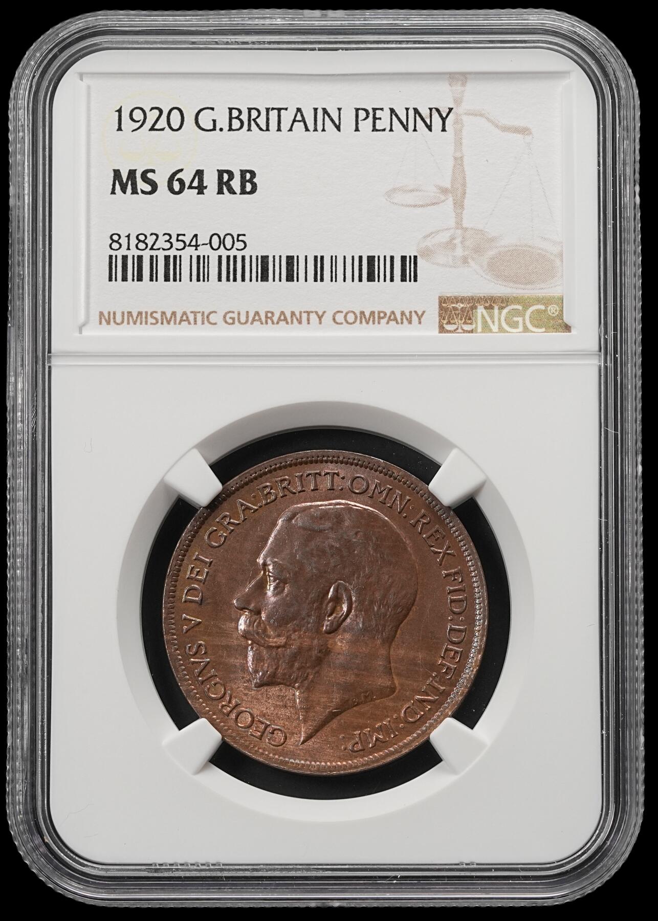 修遠堂世界钱币第五十四期 全场包邮 NGC MS64RB 1920年英国1便士铜币