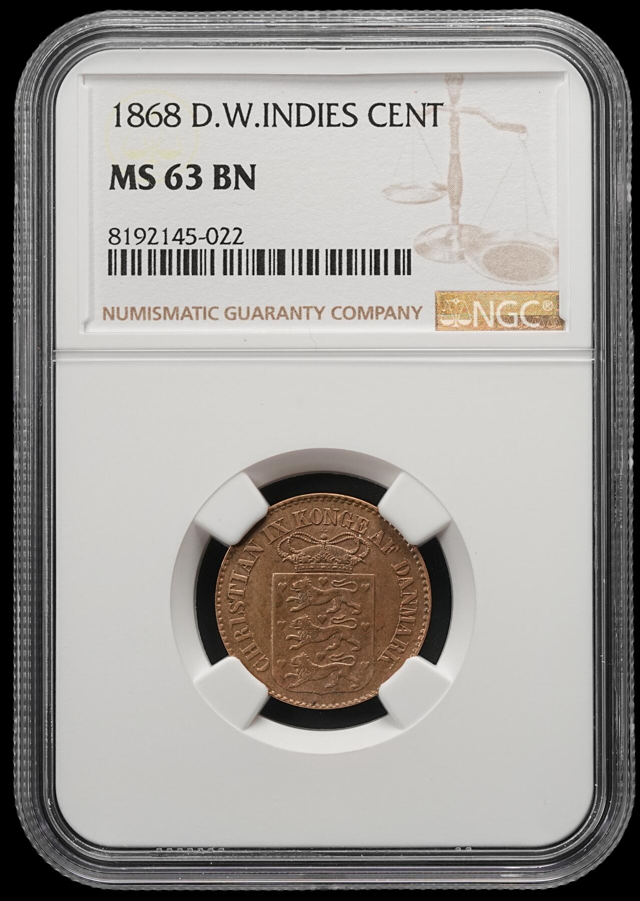 修遠堂世界钱币第五十四期 全场包邮 NGC MS63BN 1868年丹属西印度1分铜币 少见
