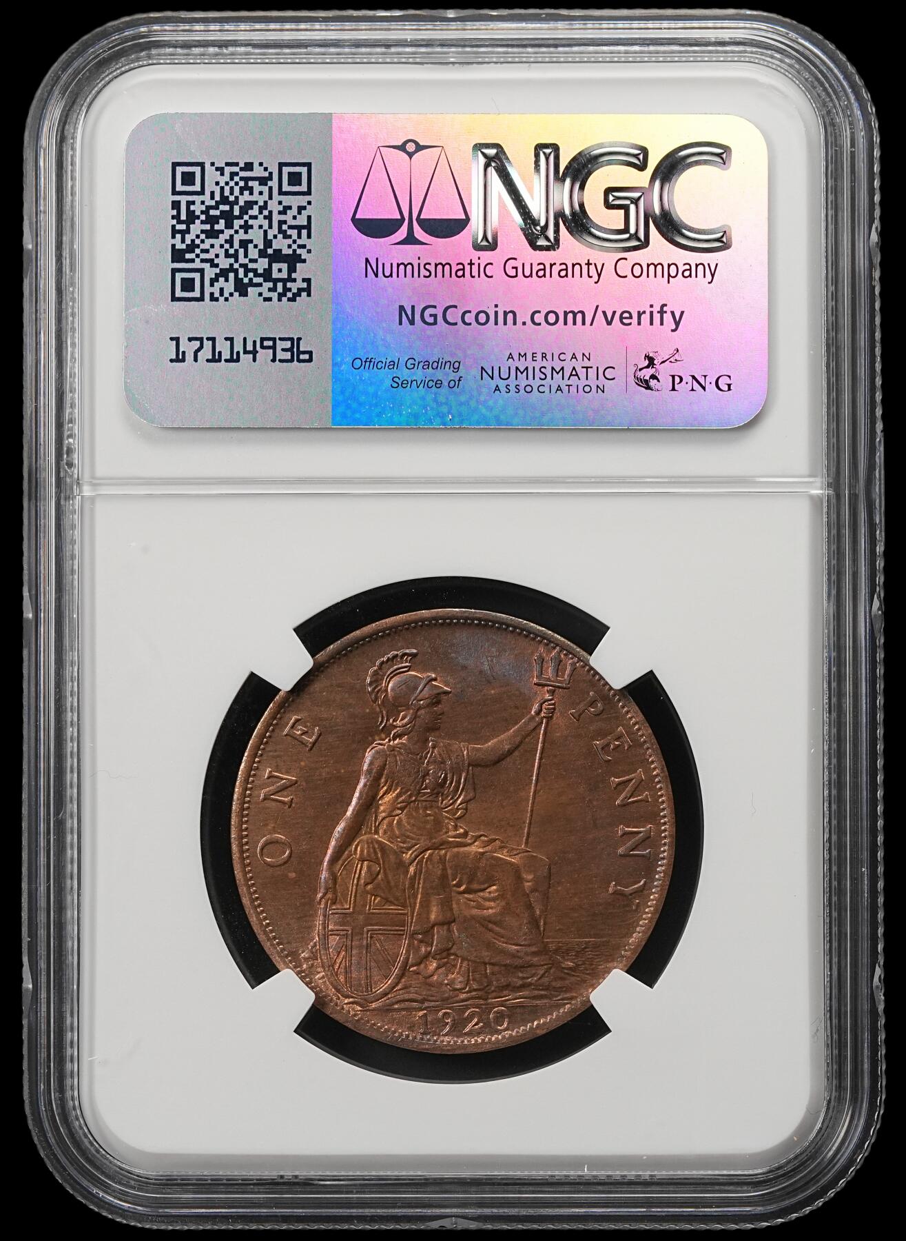 修遠堂世界钱币第五十四期 全场包邮 NGC MS64RB 1920年英国1便士铜币