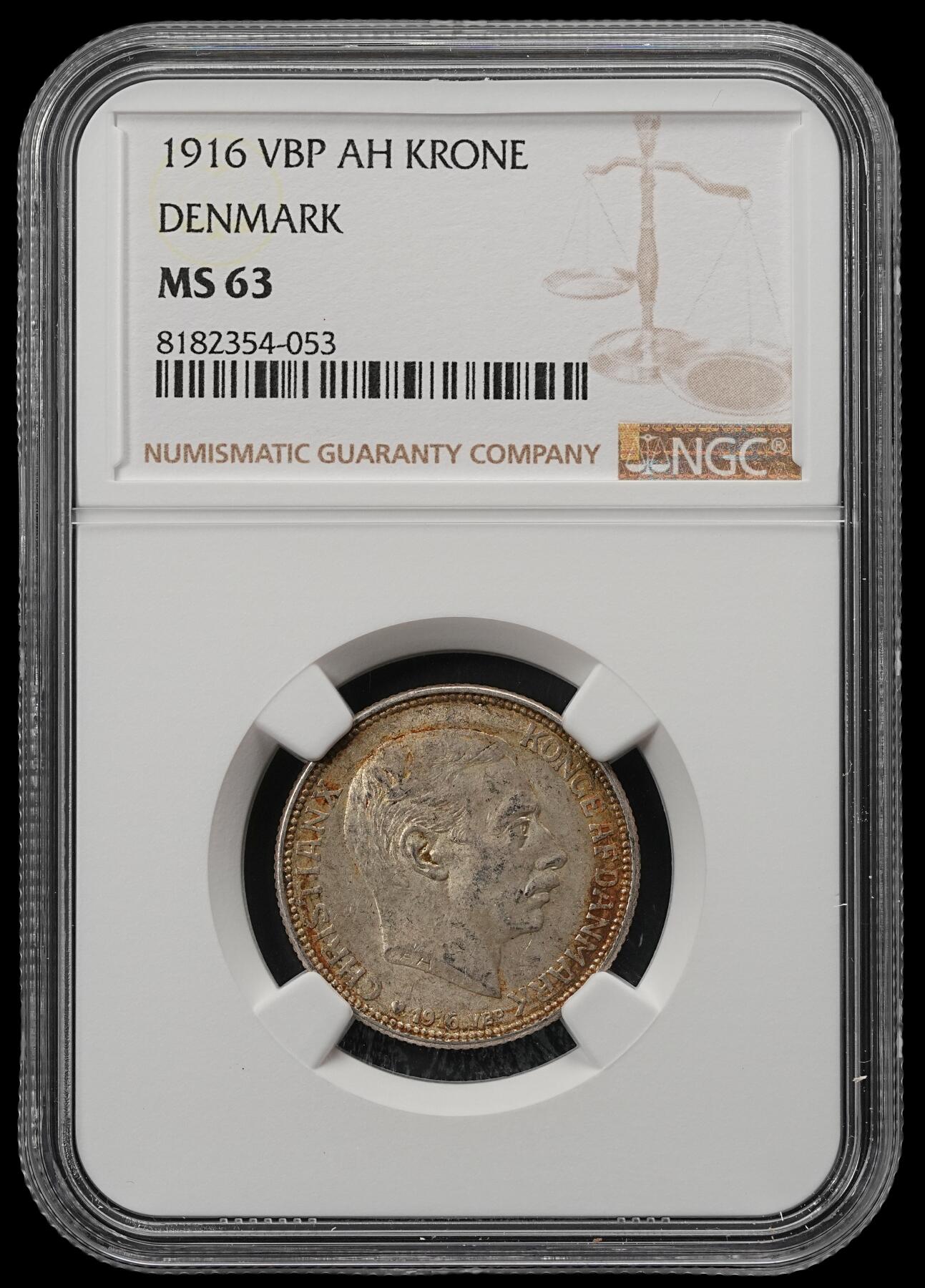 修遠堂世界钱币第五十四期 全场包邮 NGC MS63 1916年丹麦海豚1克朗银币