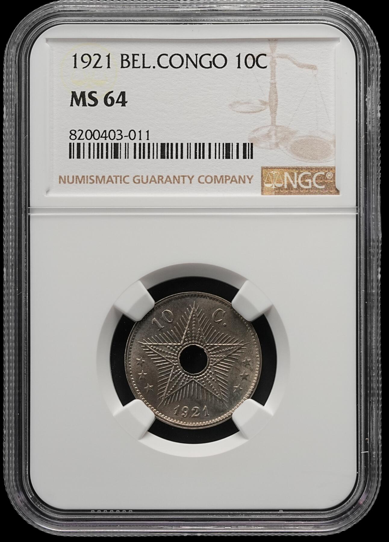修遠堂世界钱币第五十四期 全场包邮 NGC MS64 1921年比属刚果中孔10分