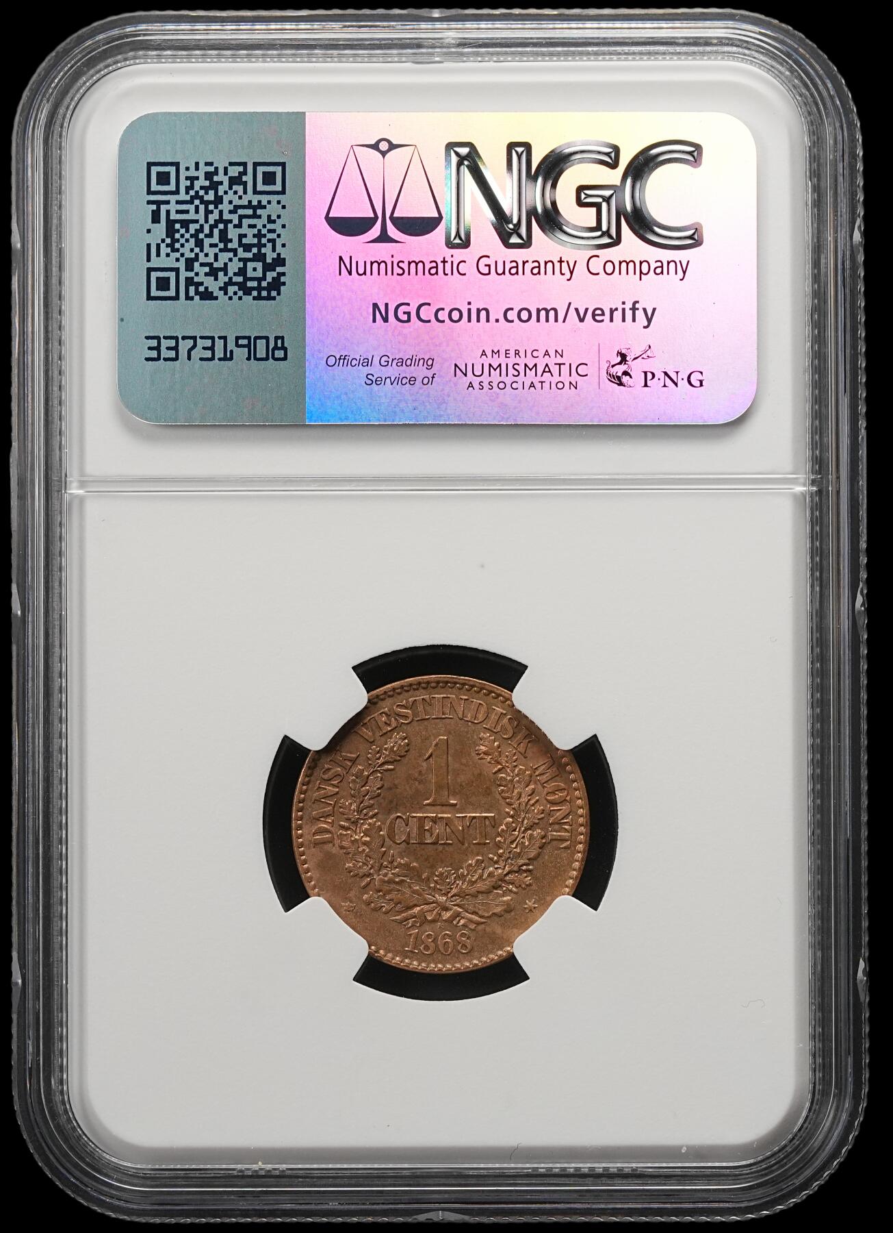 修遠堂世界钱币第五十四期 全场包邮 NGC MS63BN 1868年丹属西印度1分铜币 少见
