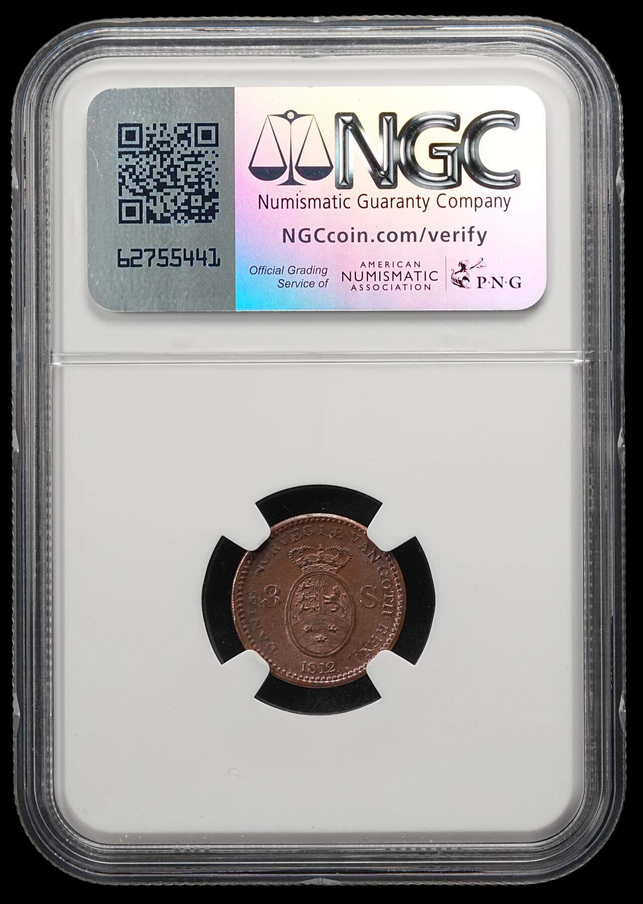 修遠堂世界钱币第五十四期 全场包邮 NGC MS65BN 1812年丹麦3 SKILLING铜币