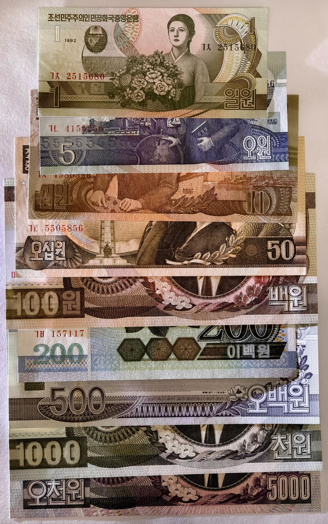 紫瑗钱币——第505期—纸币场 朝鲜 【1、5、10、50、100、200、500、1000、5000】圆 共9张 UNC