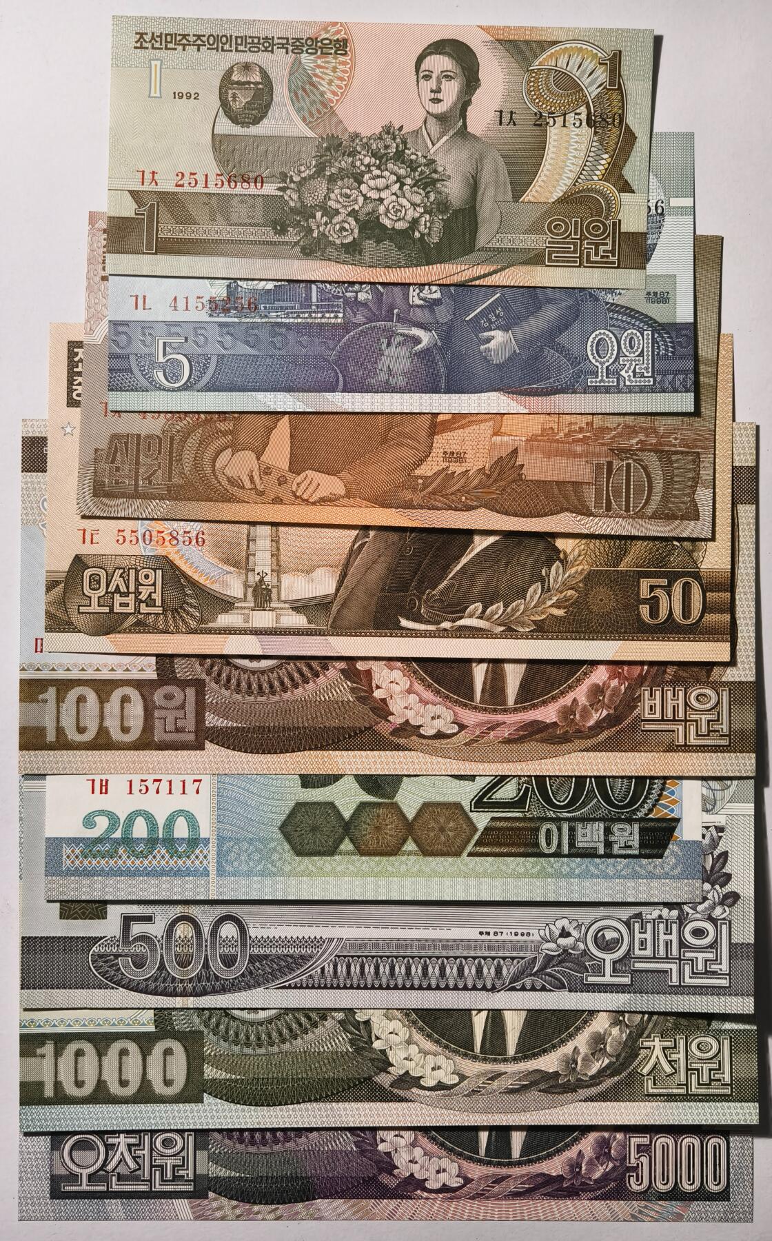 紫瑗钱币——第505期—纸币场 朝鲜 【1、5、10、50、100、200、500、1000、5000】圆 共9张 UNC