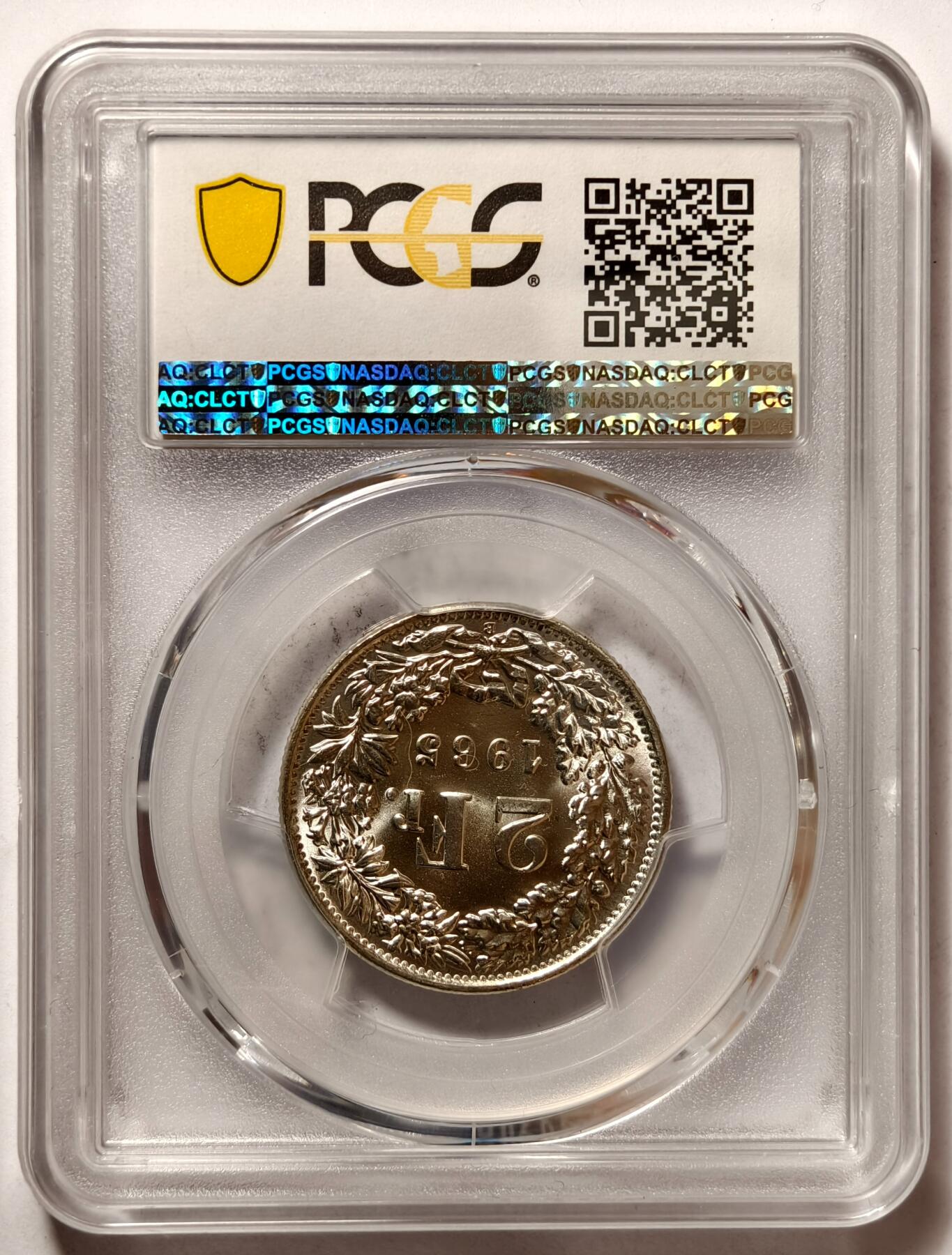 紫瑗钱币——第490期 瑞士 1965年 B版 赫尔维蒂亚 2法郎 银币 PCGS MS66