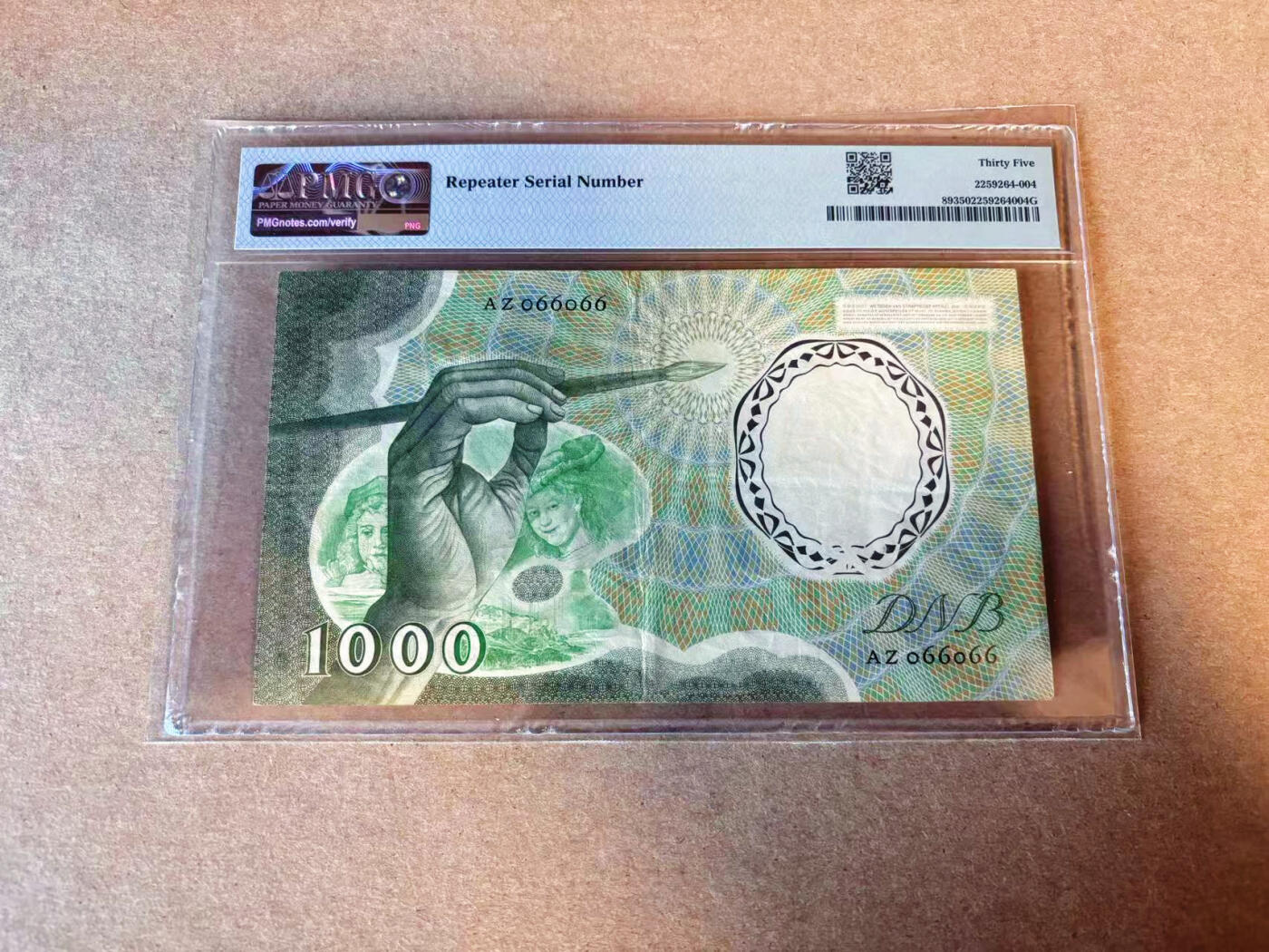 【Blue Auction】✨世界纸币精拍第609期【精】 【066066 重复号 倒置号 极致靓号】荷兰 1956年1000盾 经典大画家伦勃朗 超前的设计西欧纸币顶级水准 PMG35 百看不厌 收藏册里值得留存的一张