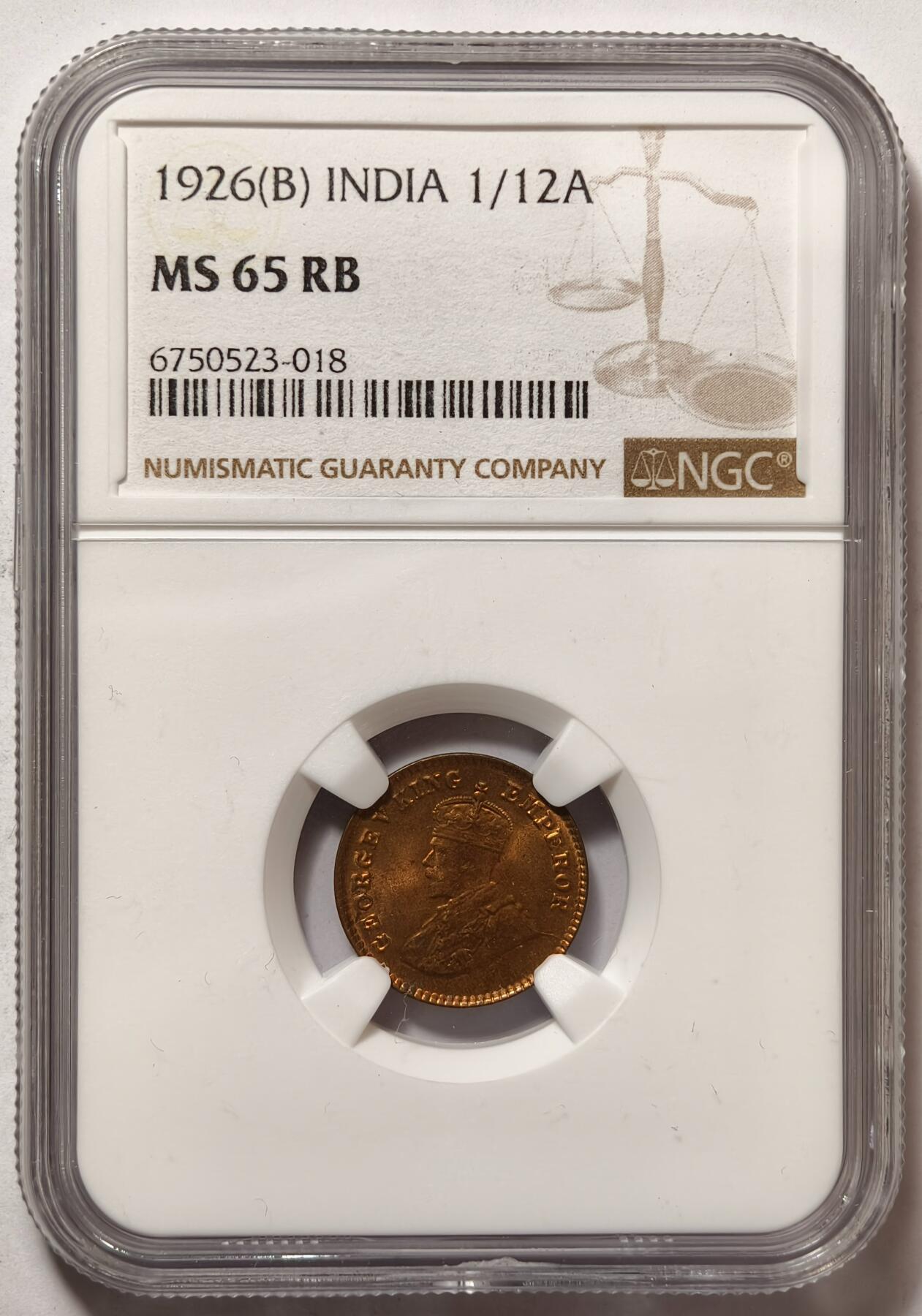 紫瑗钱币——第490期 英属印度 1926年 B版 乔治五世 1/12安娜 铜币 NGC MS65 RB