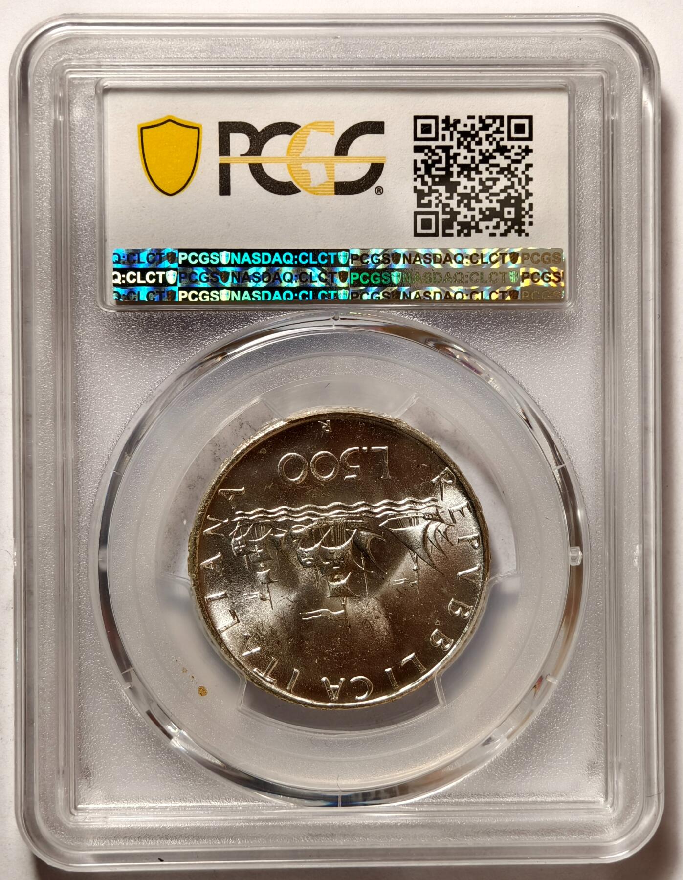 紫瑗钱币——第492期 意大利 1966年 R版 少女与帆船 500里拉 银币 PCGS MS65