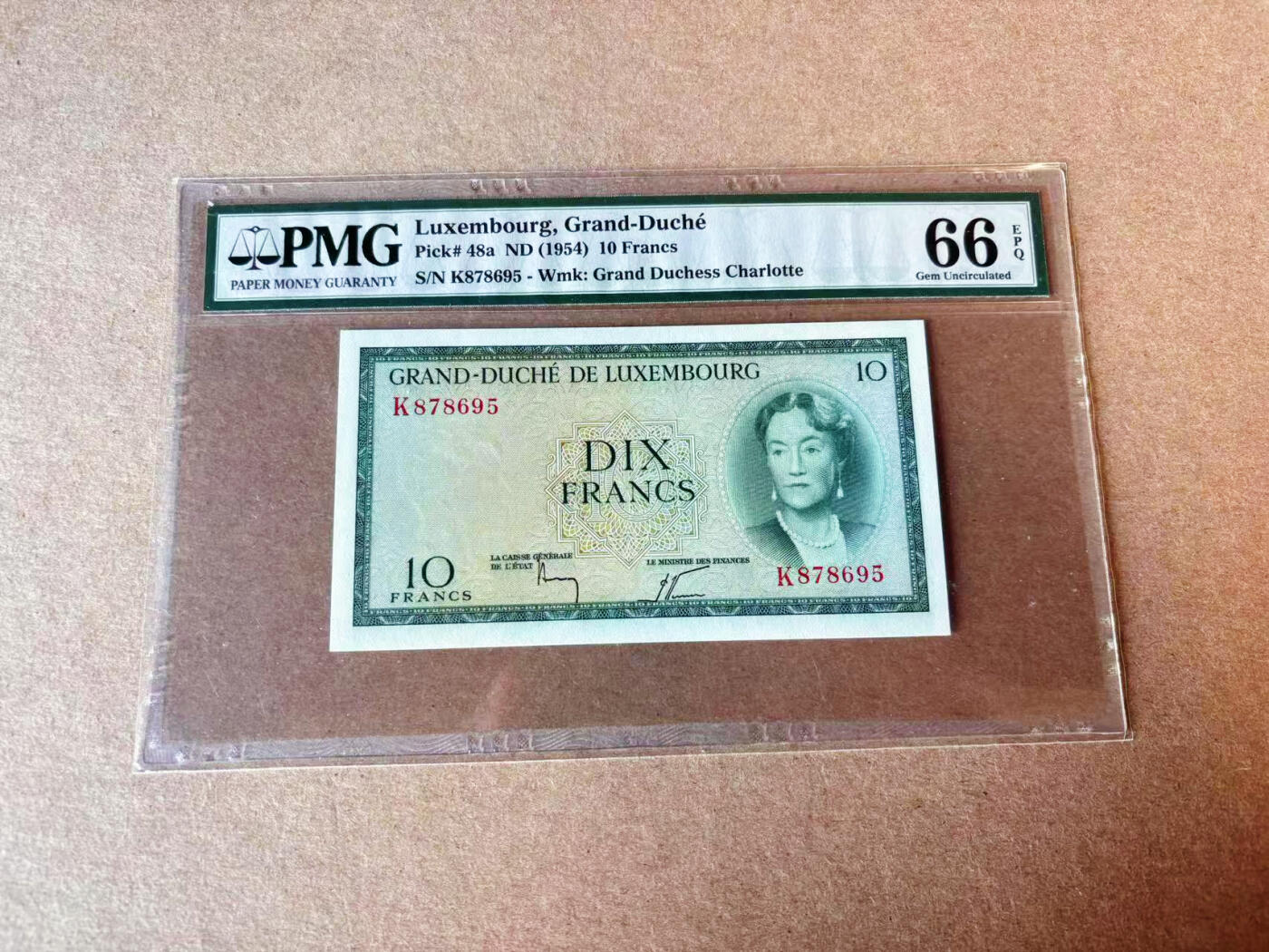【Blue Auction】✨世界纸币精拍第609期【精】 卢森堡 1954年10法郎 女大公夏洛特  PMG66EPQ 