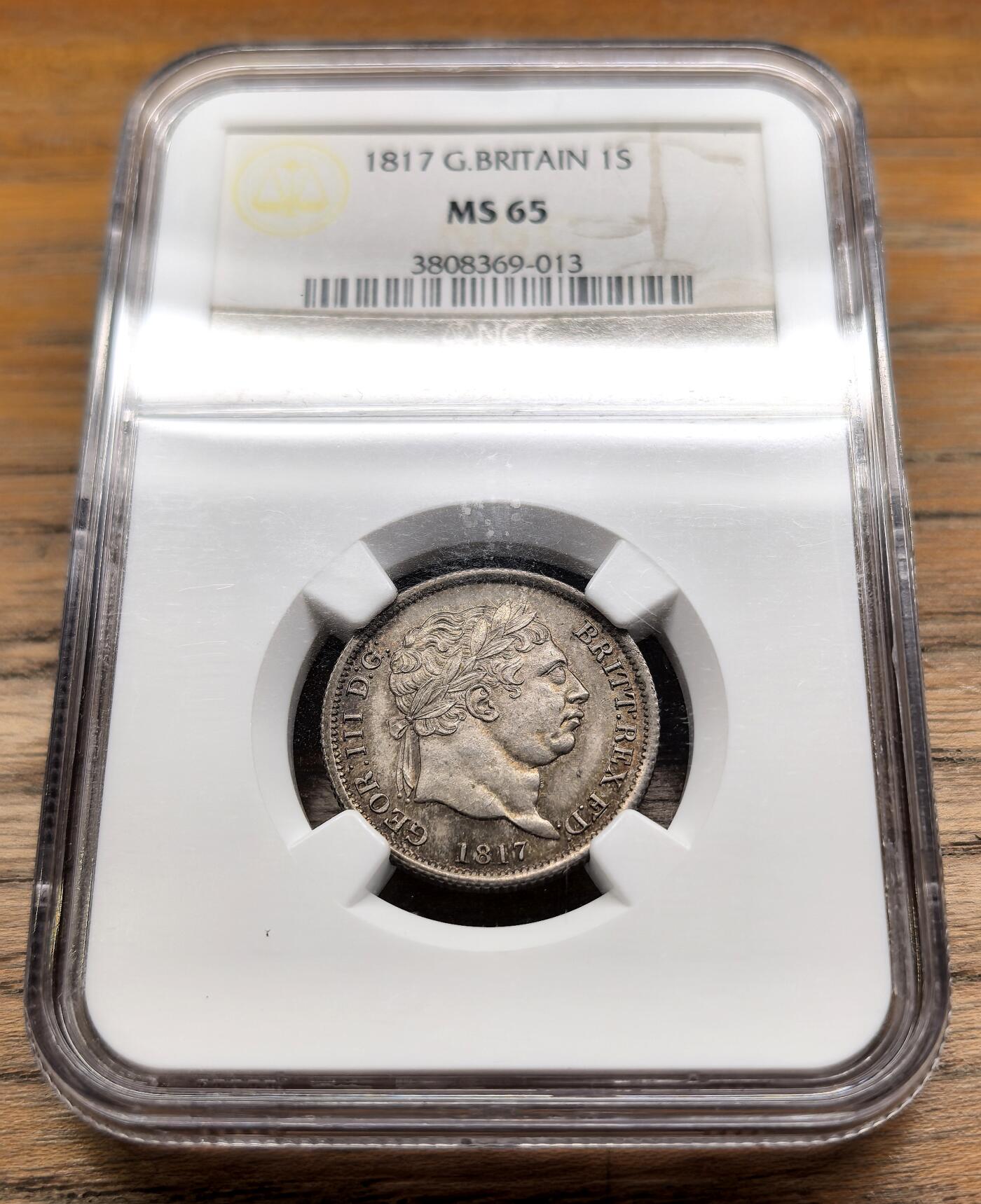 凡希社世界钱币微拍第二百九十五期 1817英国乔三先令NGC-MS65，高分，英伦包浆！