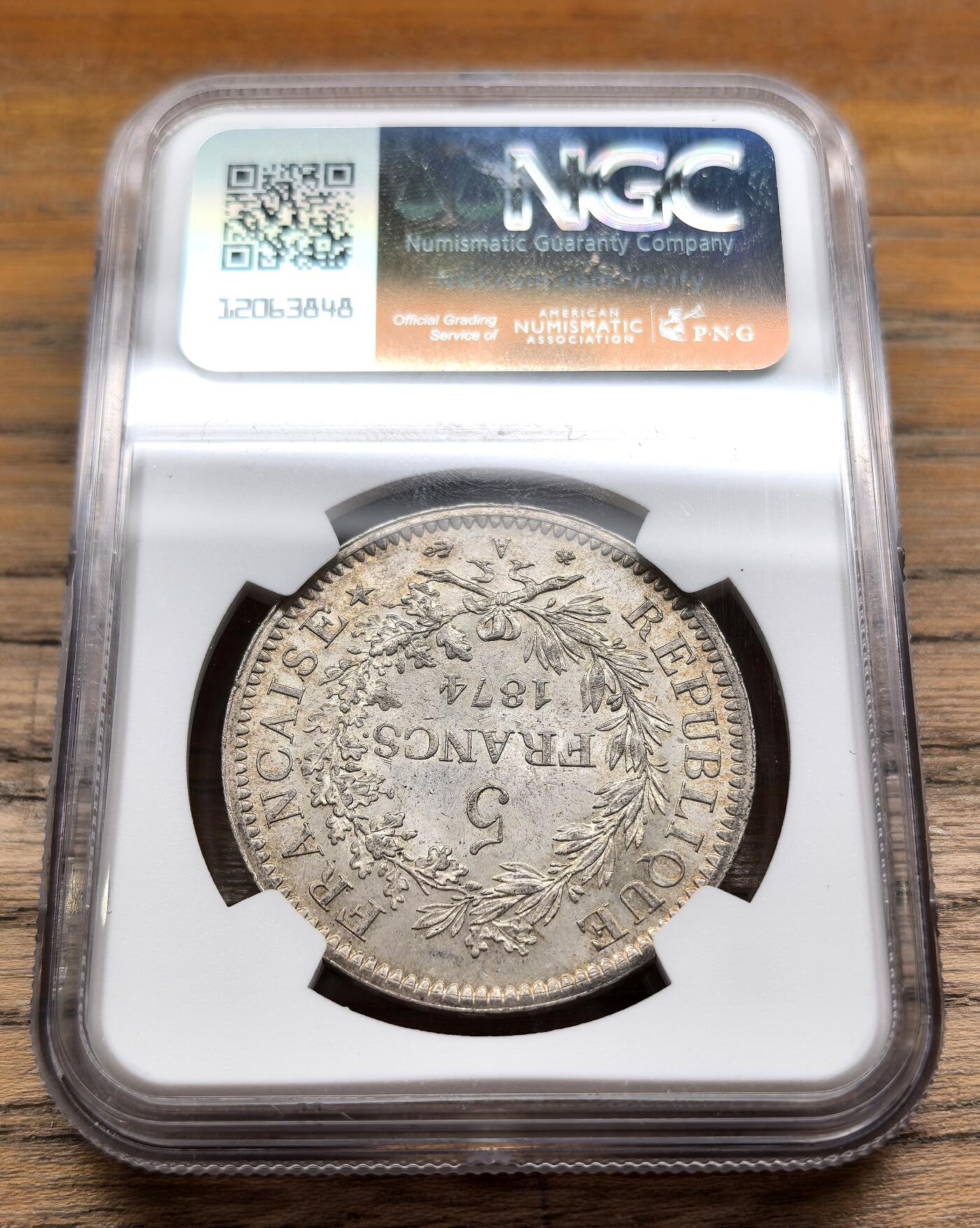 凡希社世界钱币微拍第二百九十五期 1874A法国大力神5法郎大银NGC-MS63，黄光淡彩。