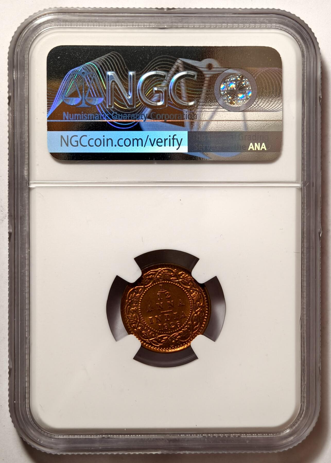 紫瑗钱币——第490期 英属印度 1926年 B版 乔治五世 1/12安娜 铜币 NGC MS65 RB