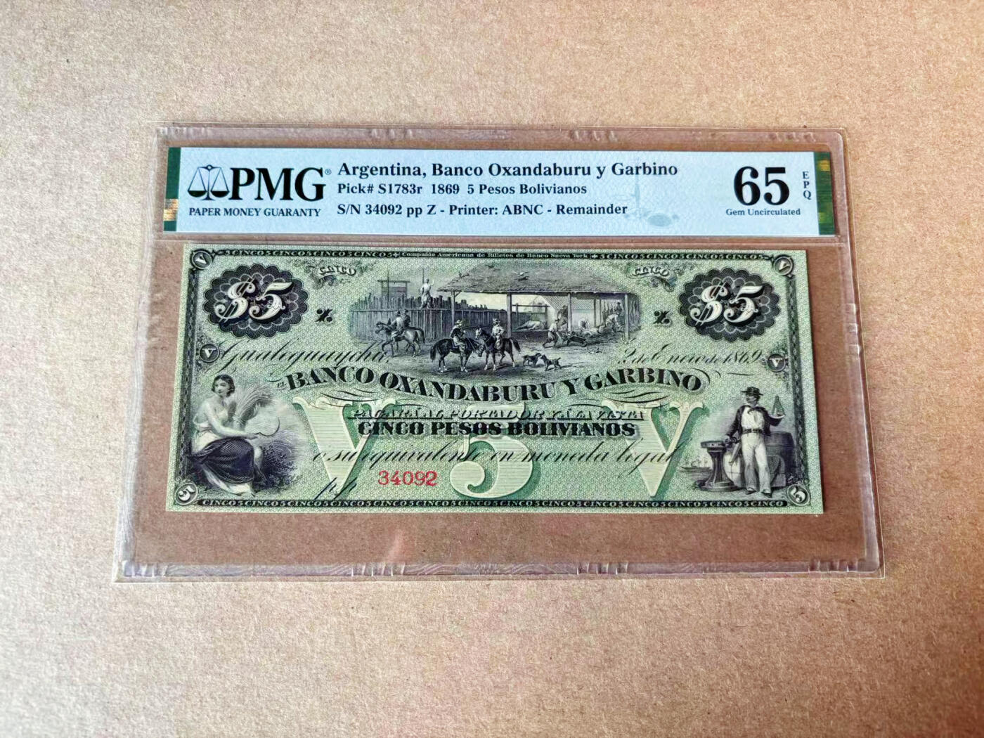 【Blue Auction】✨世界纸币精拍第609期【精】 阿根廷 1869年5比索 ABNC出品 PMG65EPQ 双面设计精美