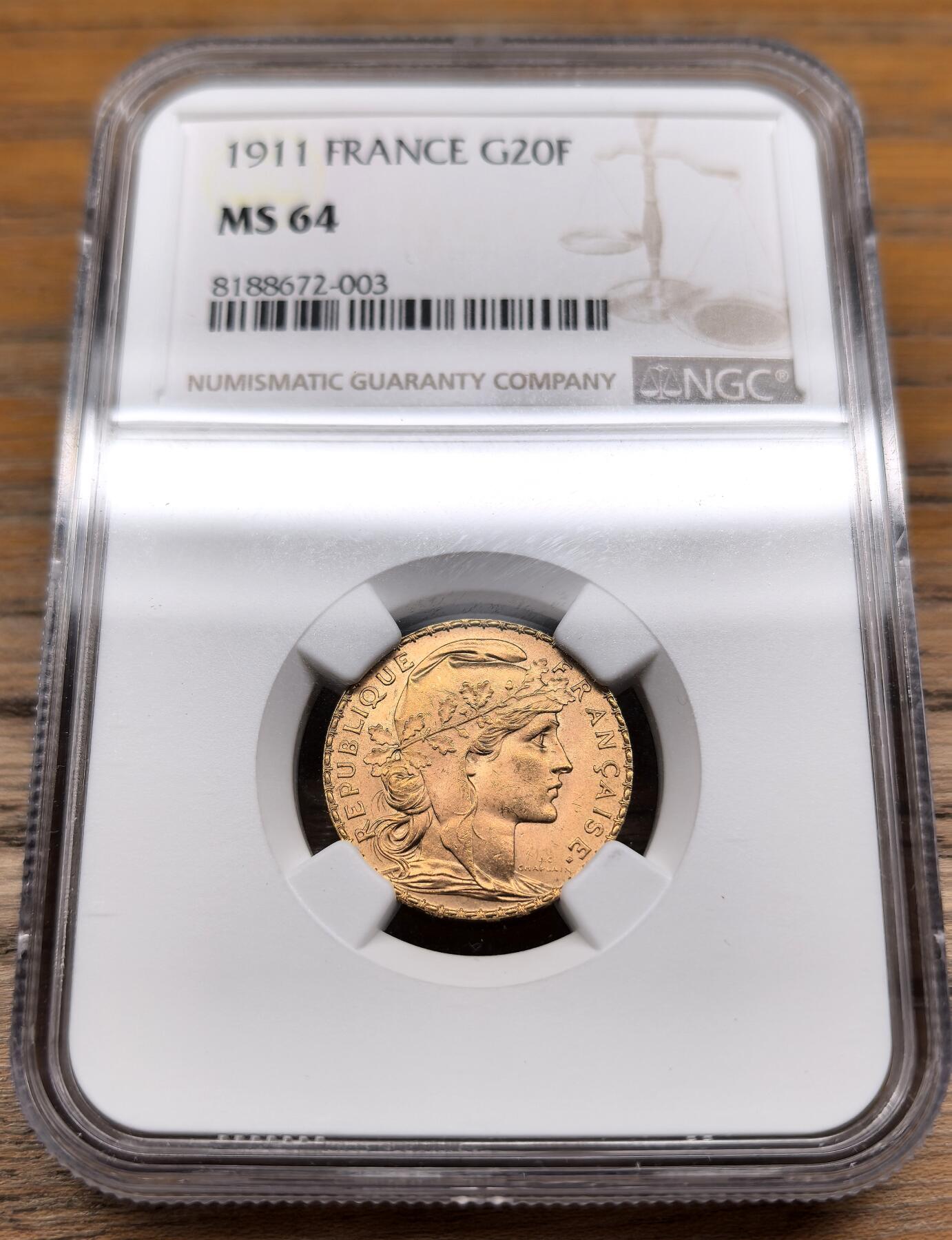 凡希社世界钱币微拍第二百九十五期 1911法国自由帽女神20法郎金币NGC-MS64，6.45g，900金