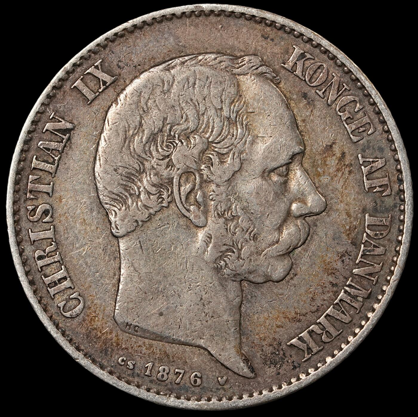 修遠堂世界钱币第五十四期 全场包邮 1876年丹麦海豚2克朗银币 14.83g