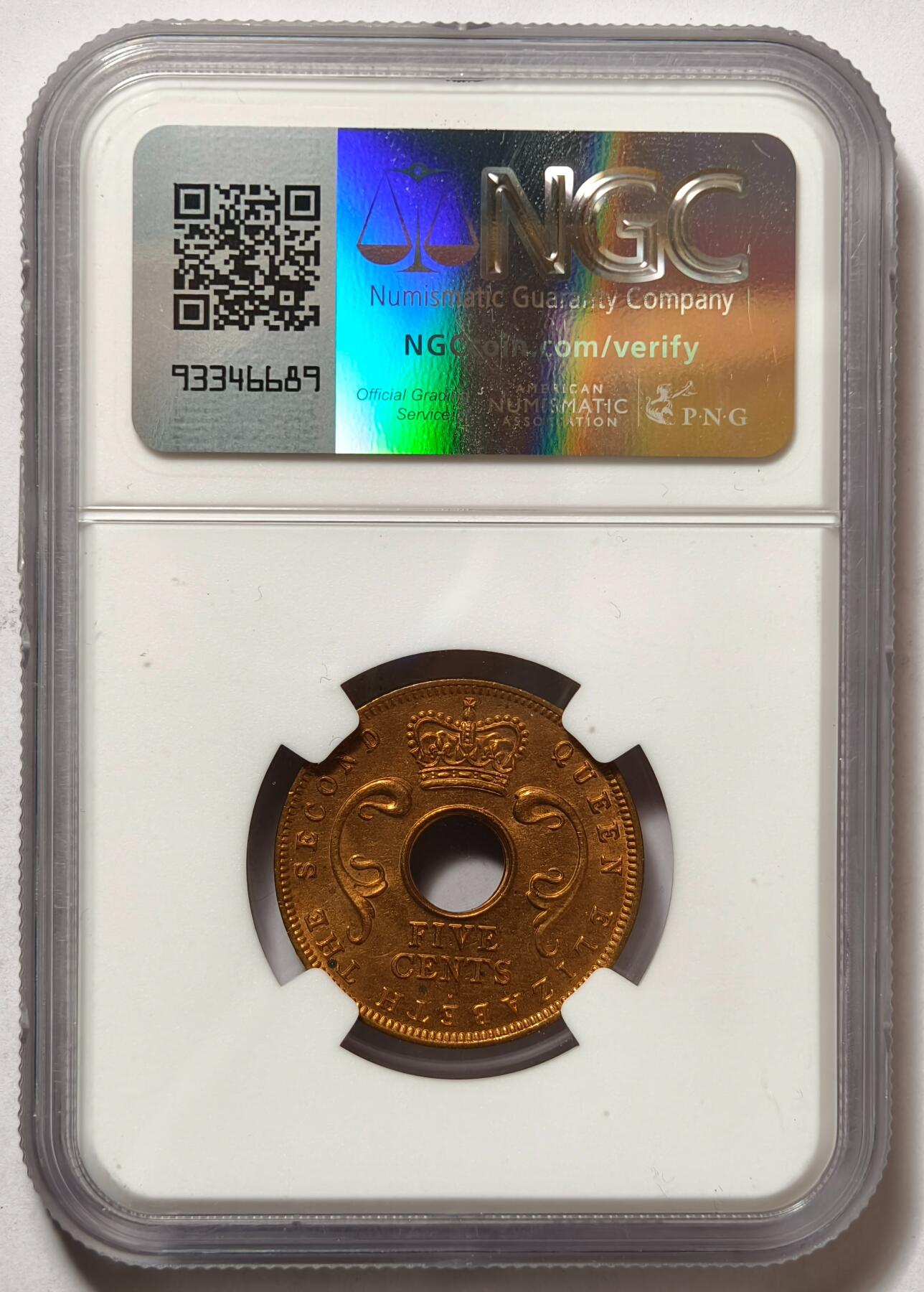 紫瑗钱币——第490期 英属东非 1956年 H版 伊丽莎白二世 5分 红铜币 NGC MS64 RB