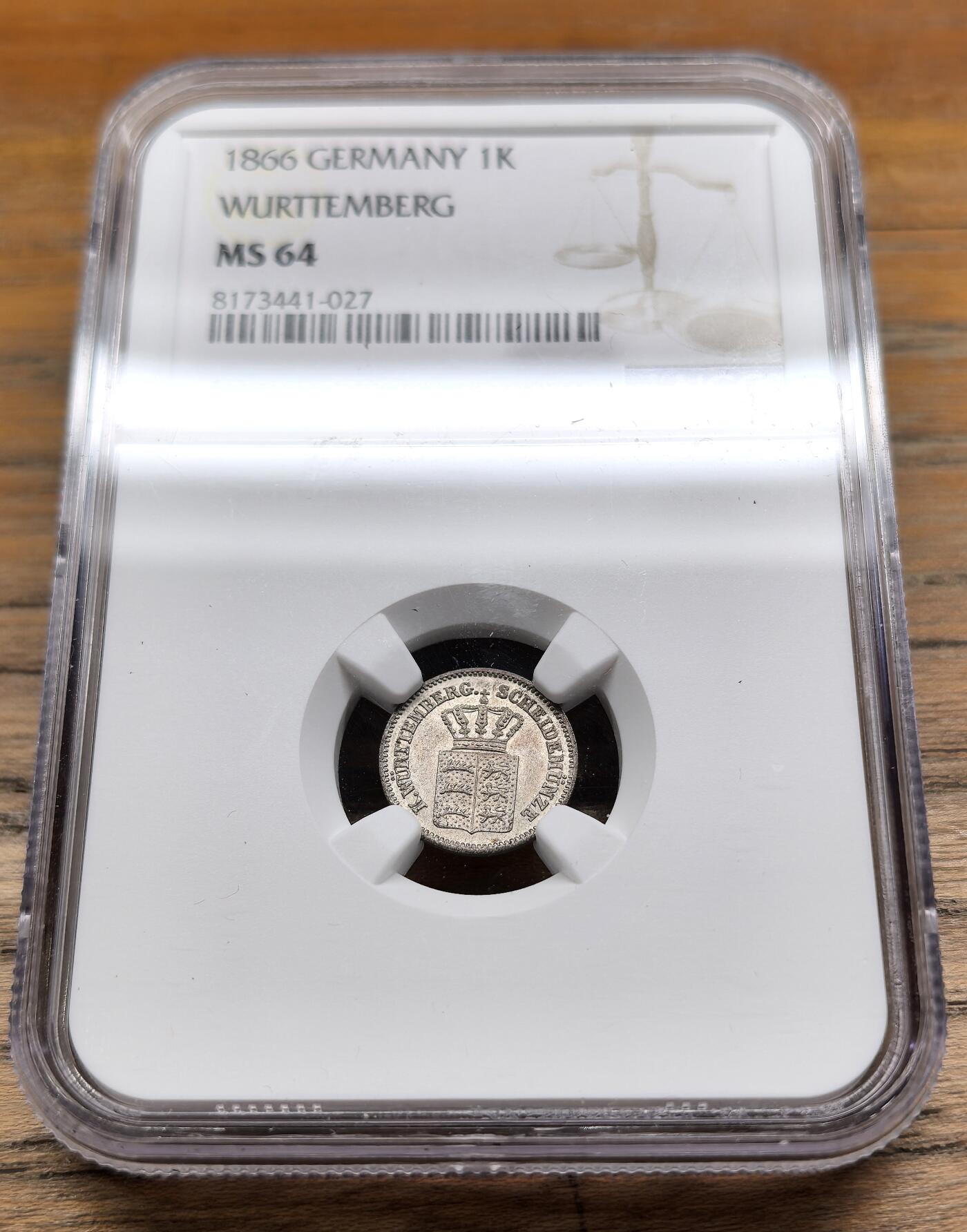 凡希社世界钱币微拍第二百九十五期 1866德国符腾堡1K银币NGC-MS64