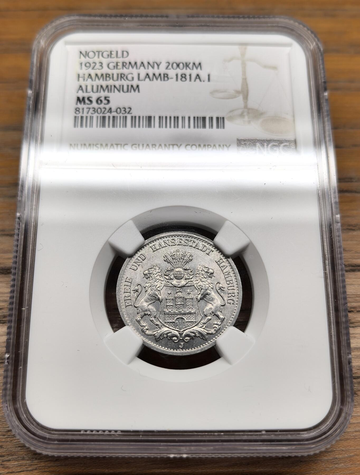 凡希社世界钱币微拍第二百九十五期 1923德紧汉堡20万马克铝币NGC-MS65