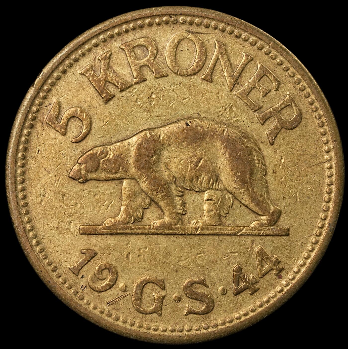修遠堂世界钱币第五十四期 全场包邮 1944年格陵兰5克朗