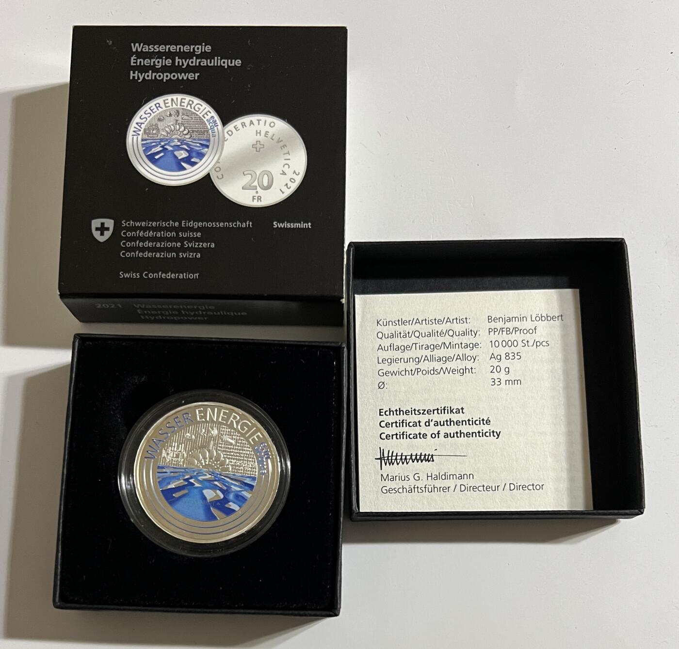 S&S Numismatic世界钱币-拍卖 第114期  获奖币*瑞士2021年 未来的能源-水电 20法郎彩色精制纪念银币 盒证齐全