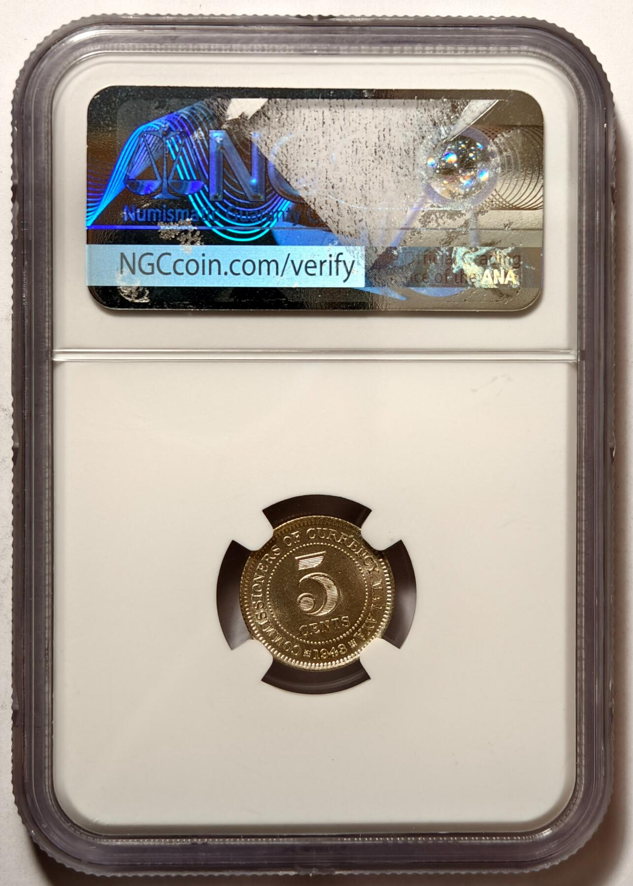 紫瑗钱币——第492期 马来亚 1943年 乔治六世 5分 银币 NGC MS64