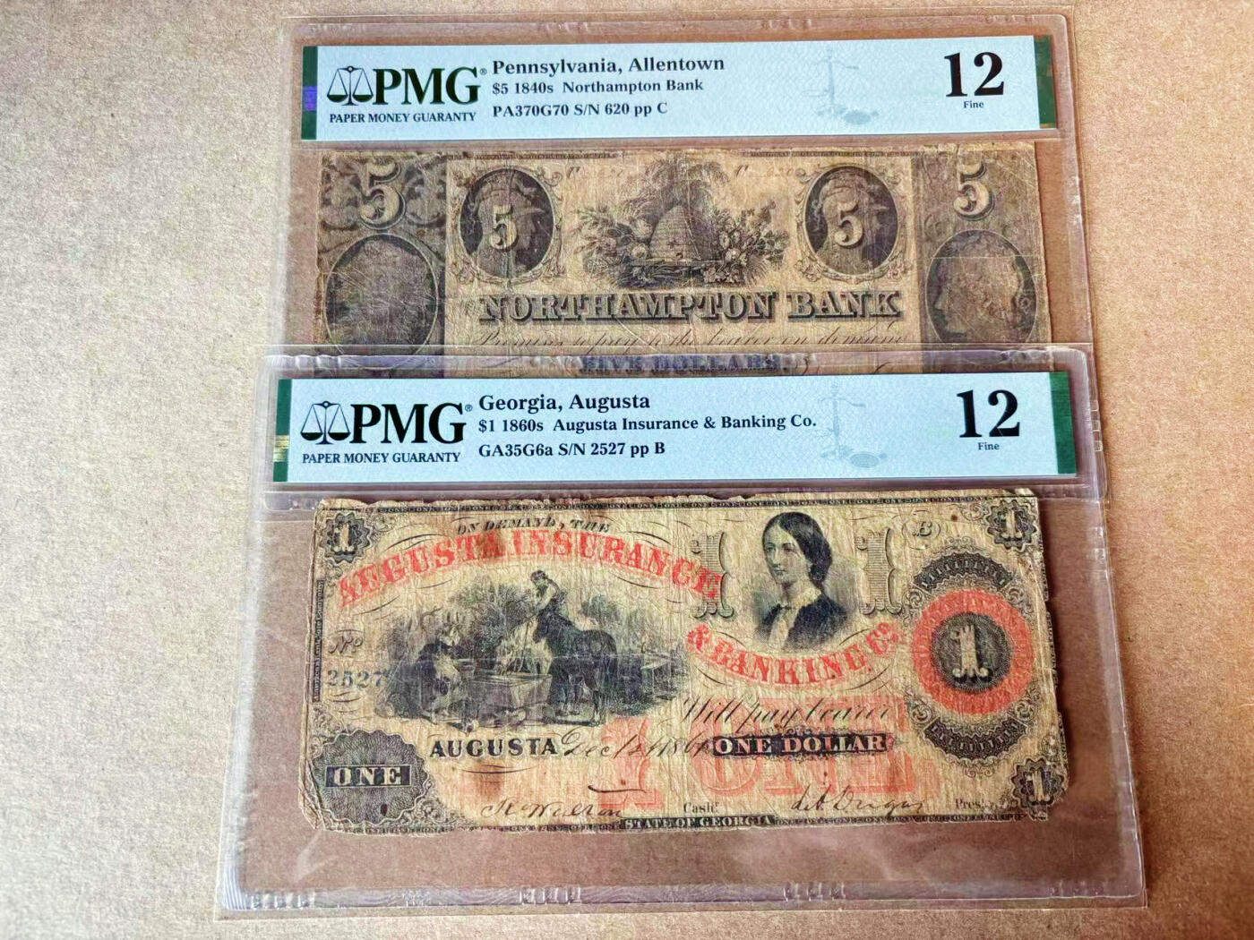 【Blue Auction】✨世界纸币精拍第609期【精】 【一组2张实钞】美国 佐治亚州 1860年代1美金&宾夕法尼亚州 1840年代5美金 PMG12 