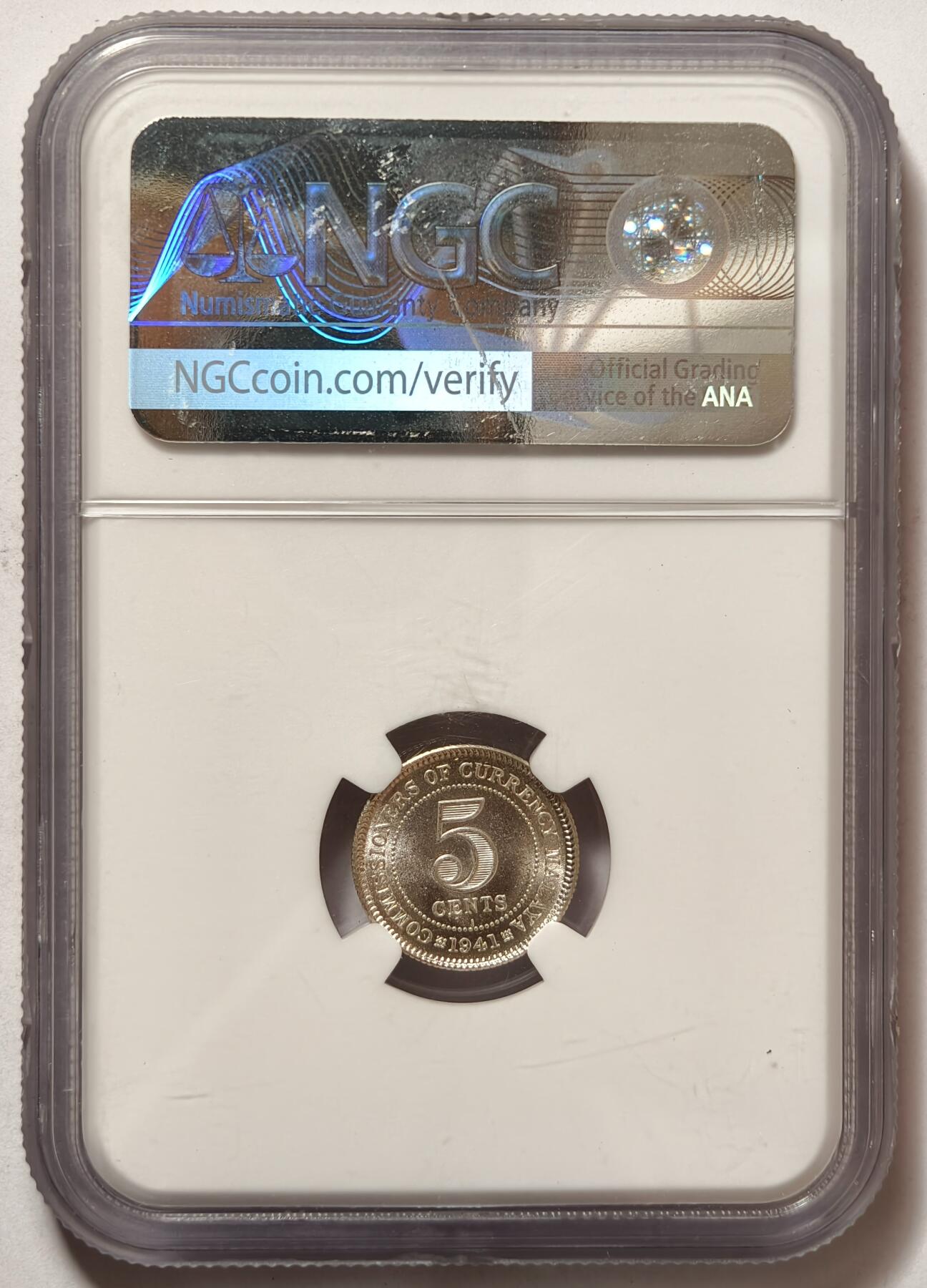 紫瑗钱币——第490期 马来亚 1941年 I版 乔治六世 5分 银币 NGC MS64