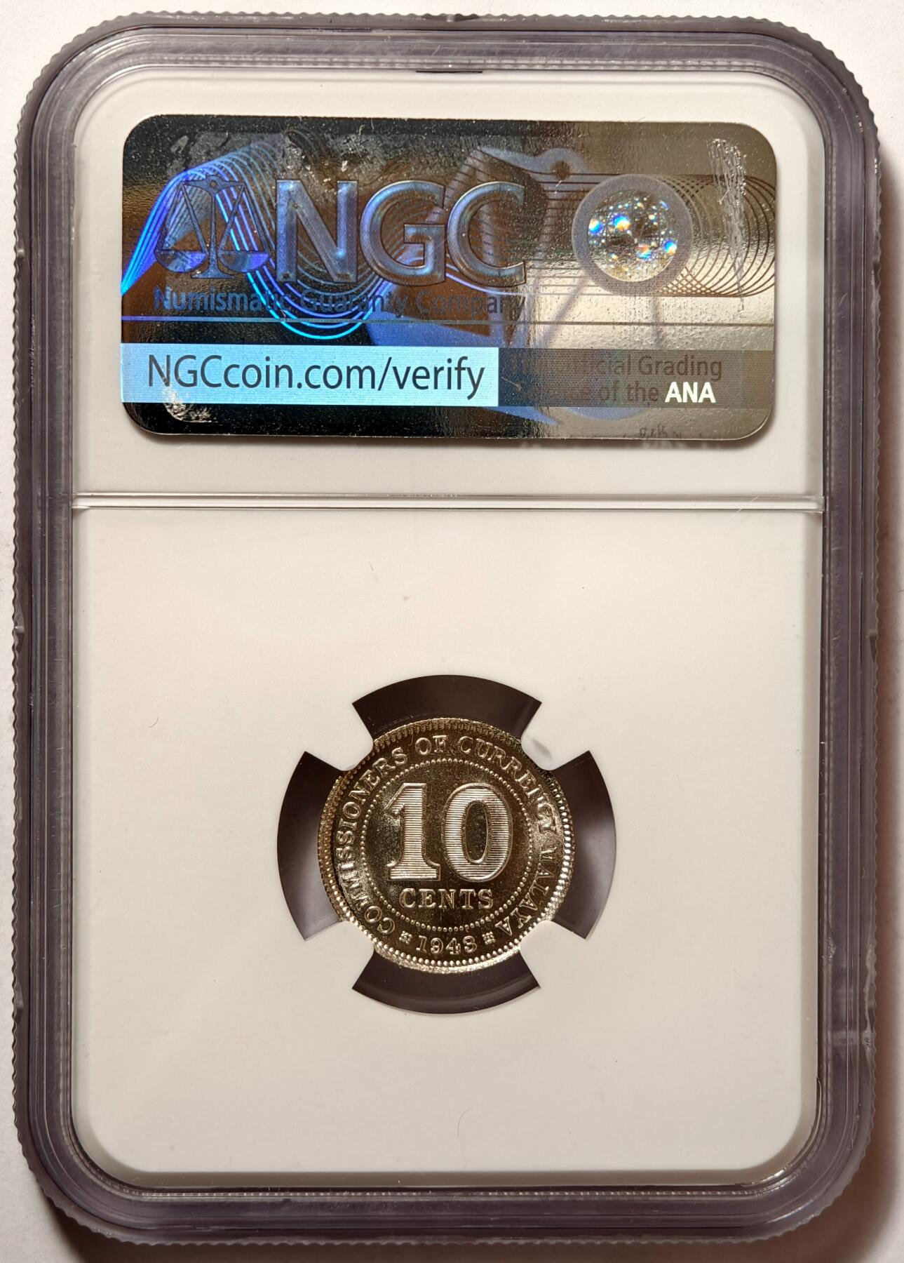 紫瑗钱币——第490期 马来亚 1943年 乔治六世 10分 银币 NGC MS64
