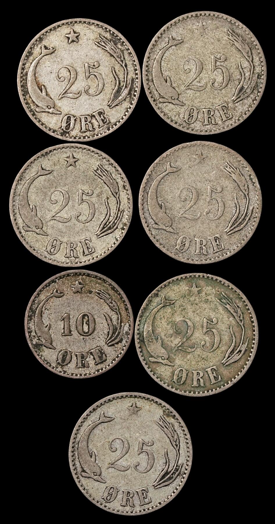 修遠堂世界钱币第五十四期 全场包邮 丹麦-克里斯蒂安九世时期10，25欧尔银币 第一组 15.39g