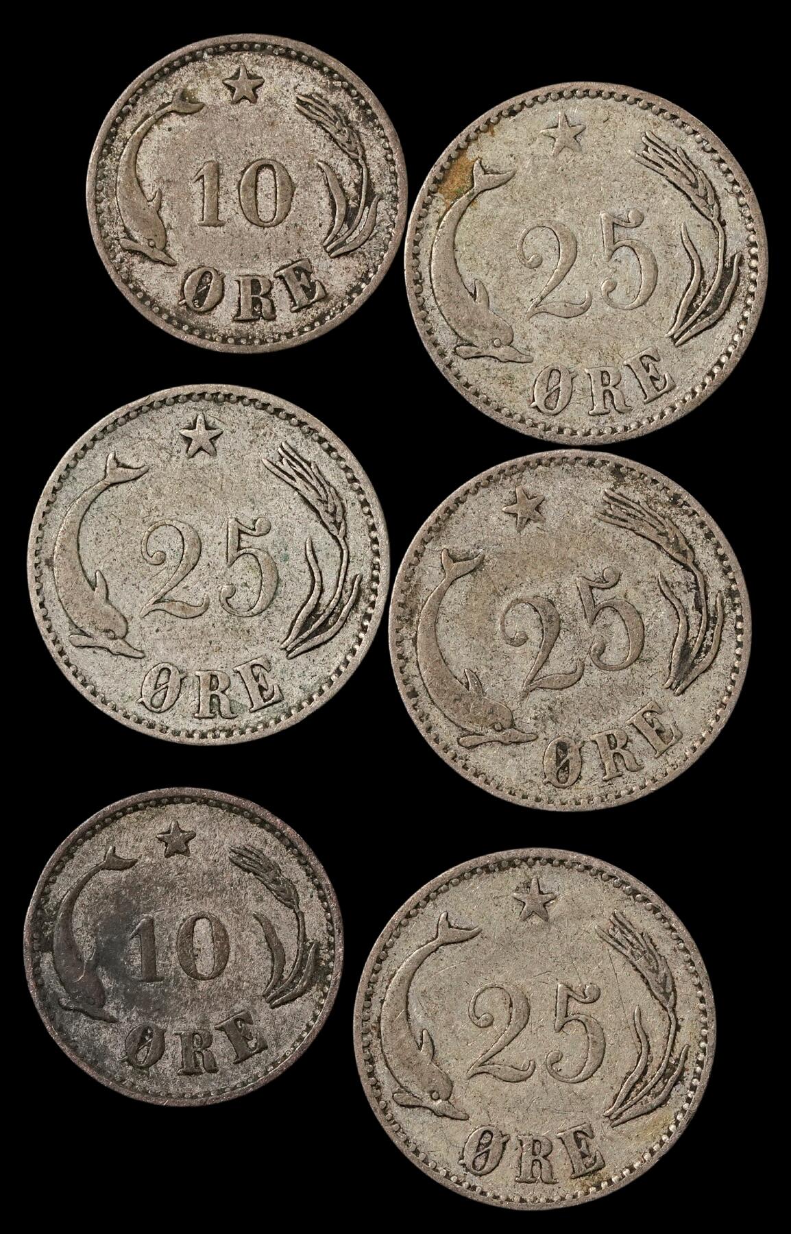 修遠堂世界钱币第五十四期 全场包邮 丹麦-克里斯蒂安九世时期10，25欧尔银币 第二组 12.38g
