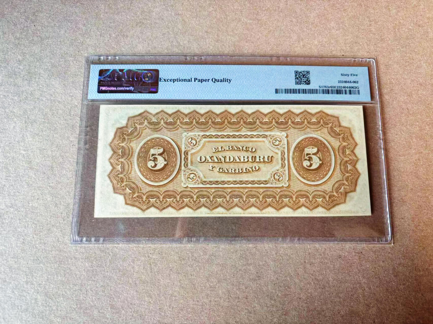 【Blue Auction】✨世界纸币精拍第609期【精】 阿根廷 1869年5比索 ABNC出品 PMG65EPQ 双面设计精美