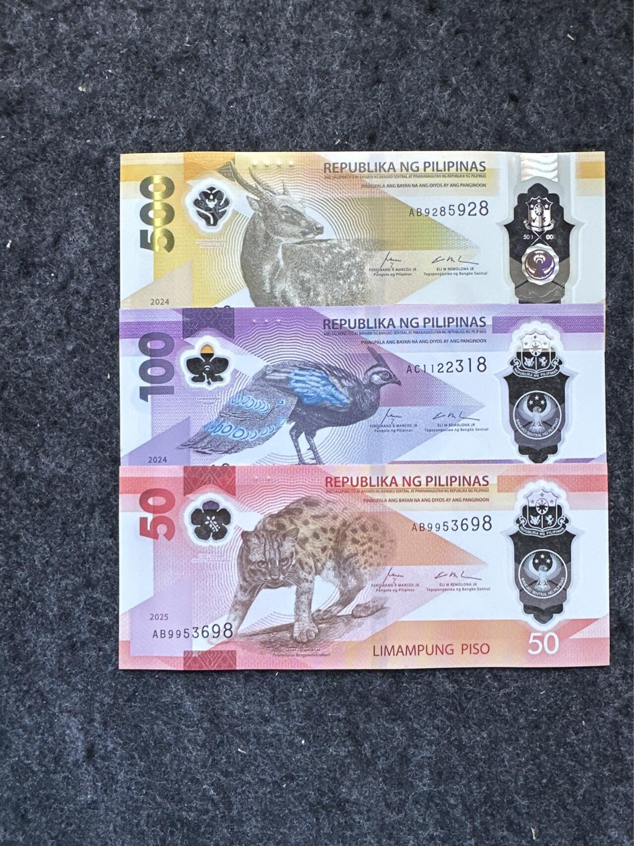 🇵🇭2502¥¥菲律宾2024-2025年50-100-500比索塑料钞，无47