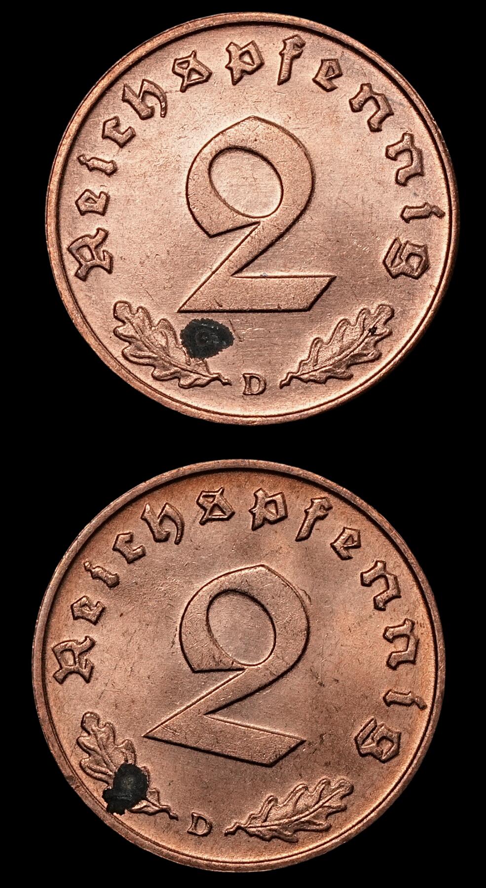 修遠堂世界钱币第五十四期 全场包邮 完全未流通德三1938年2芬尼铜币两枚 D厂铭 各有一处锈斑