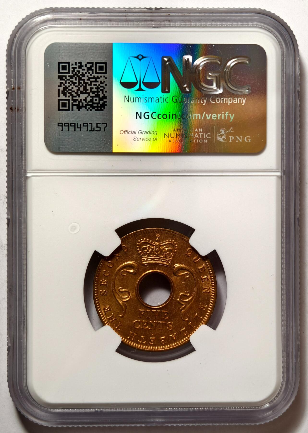 紫瑗钱币——第492期 英属东非 1956年 H版 伊丽莎白二世 5分 红铜币 NGC MS64 RB