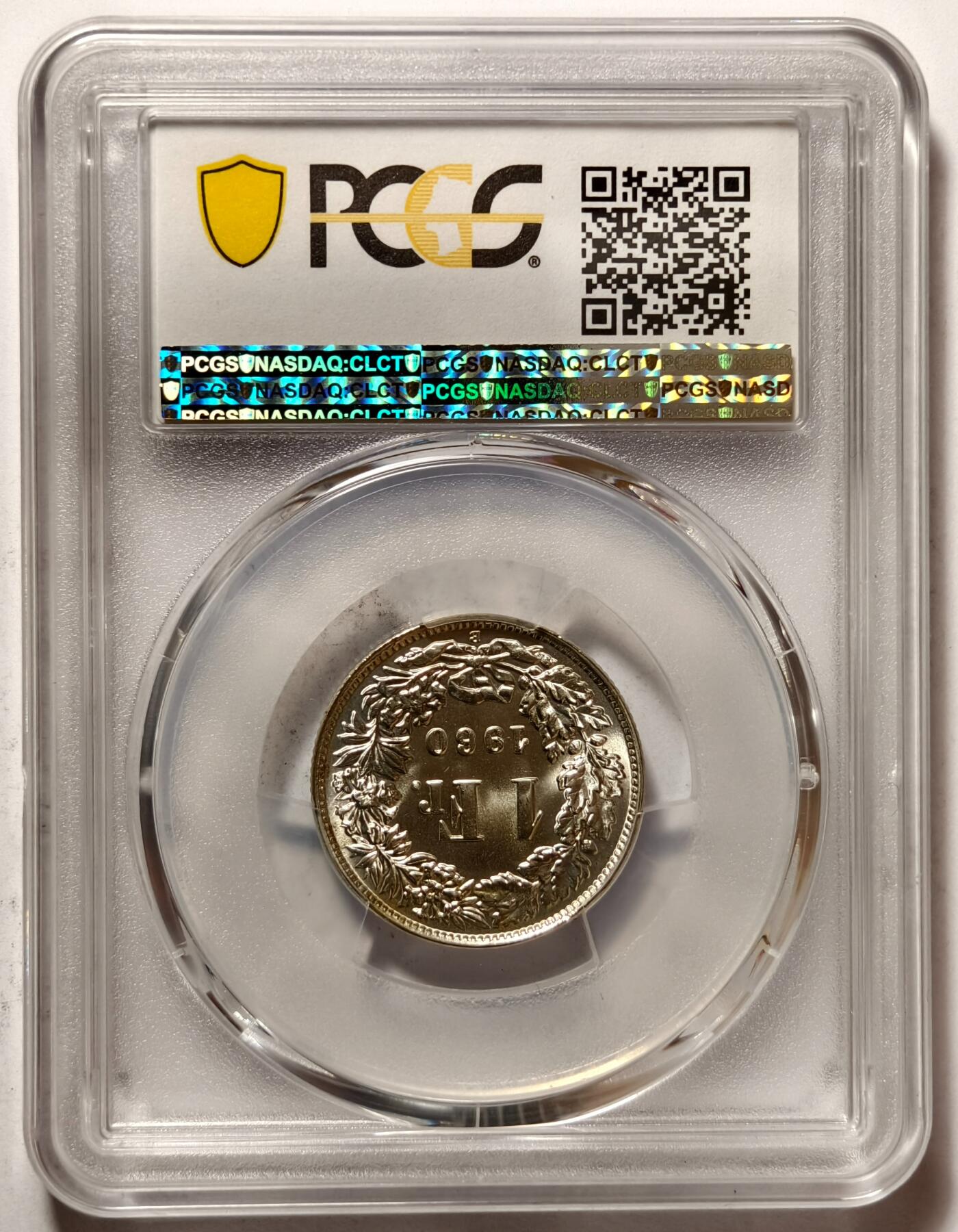 紫瑗钱币——第492期 瑞士 1960年 B版 赫尔维蒂亚 1法郎 银币 PCGS MS67 高分
