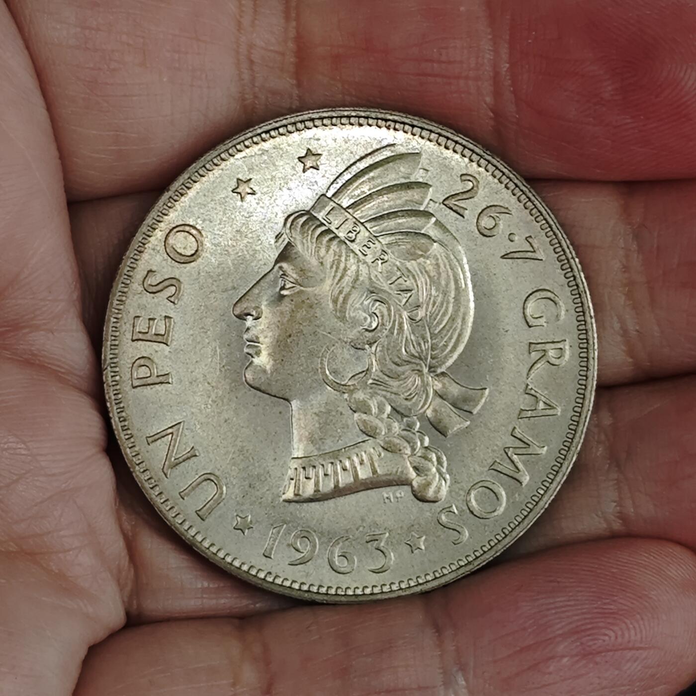 极美品1963年多米尼加建国100周年1比索纪念银币