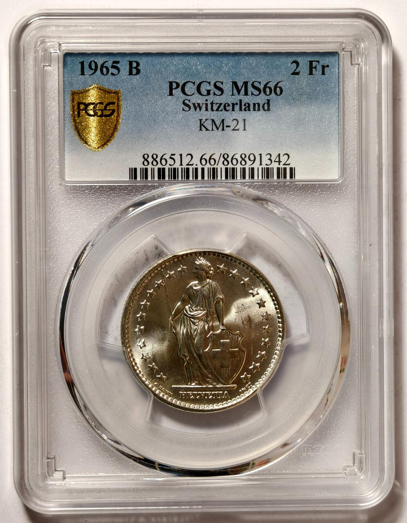 紫瑗钱币——第490期 瑞士 1965年 B版 赫尔维蒂亚 2法郎 银币 PCGS MS66