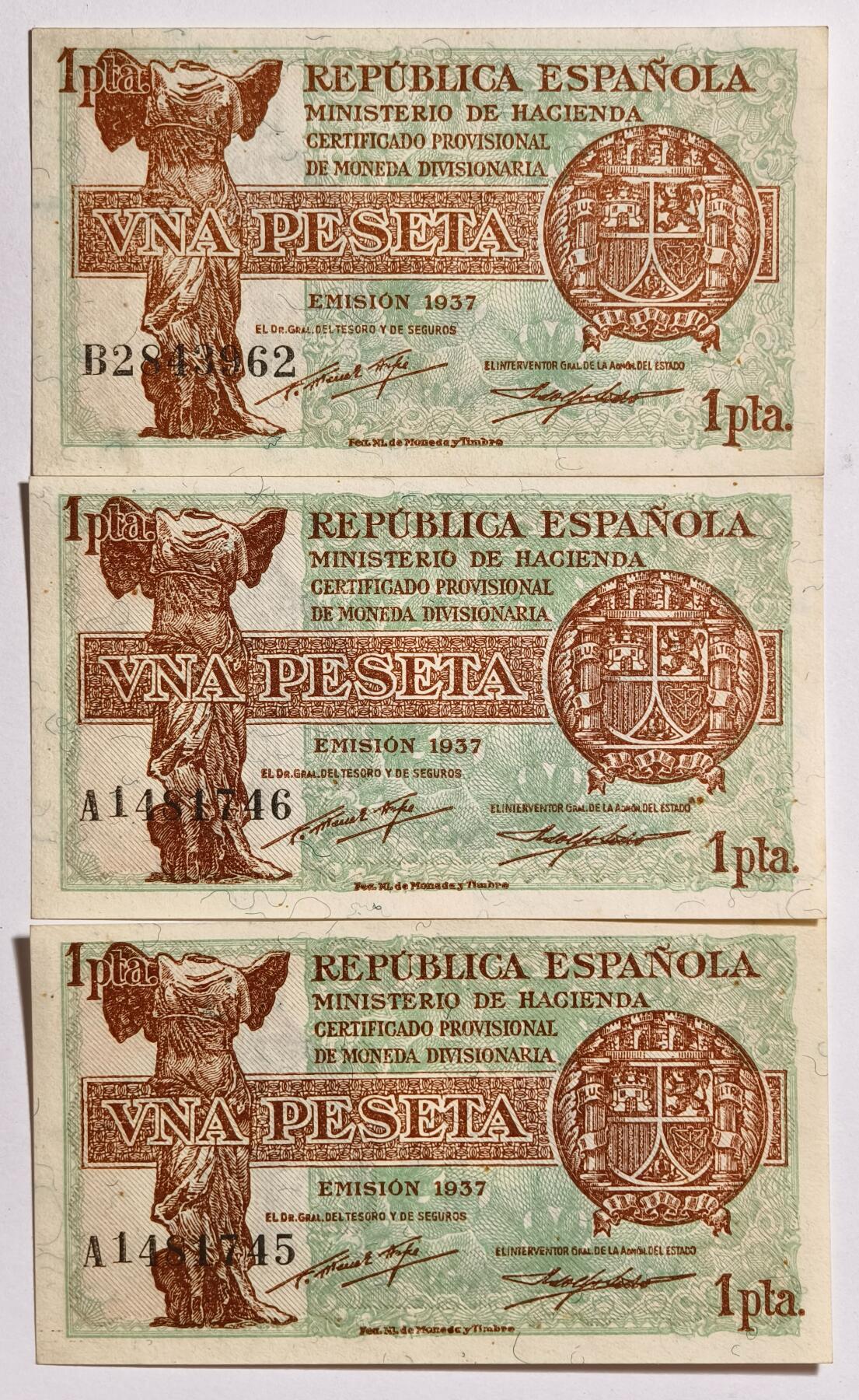 紫瑗钱币——第519期——纸币场 西班牙 1937年 临时分区货币  1比塞塔 共3张 UNC