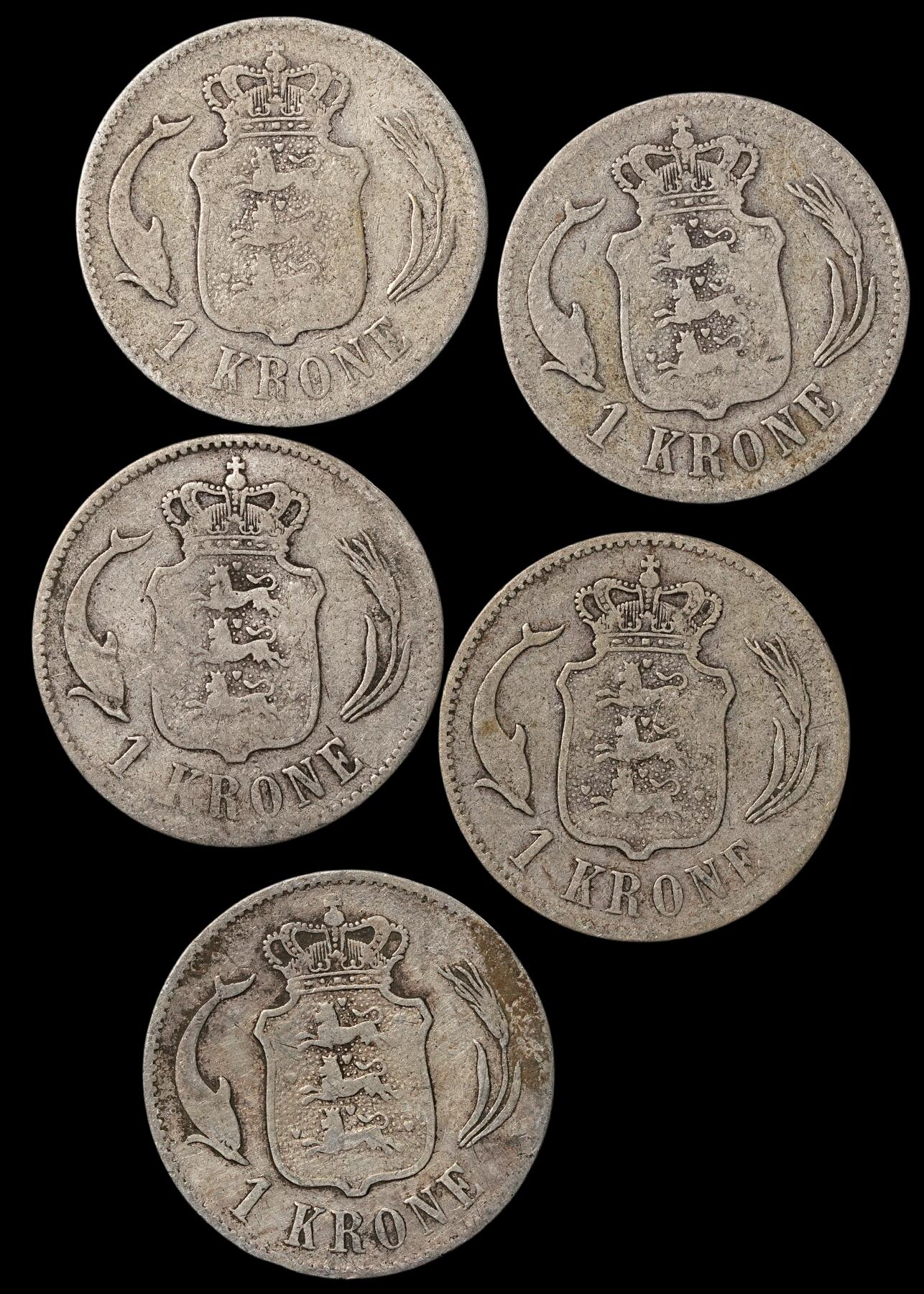 修遠堂世界钱币第五十四期 全场包邮 丹麦-克里斯蒂安九世时期海豚1克朗银币五枚 第二组 35.79g