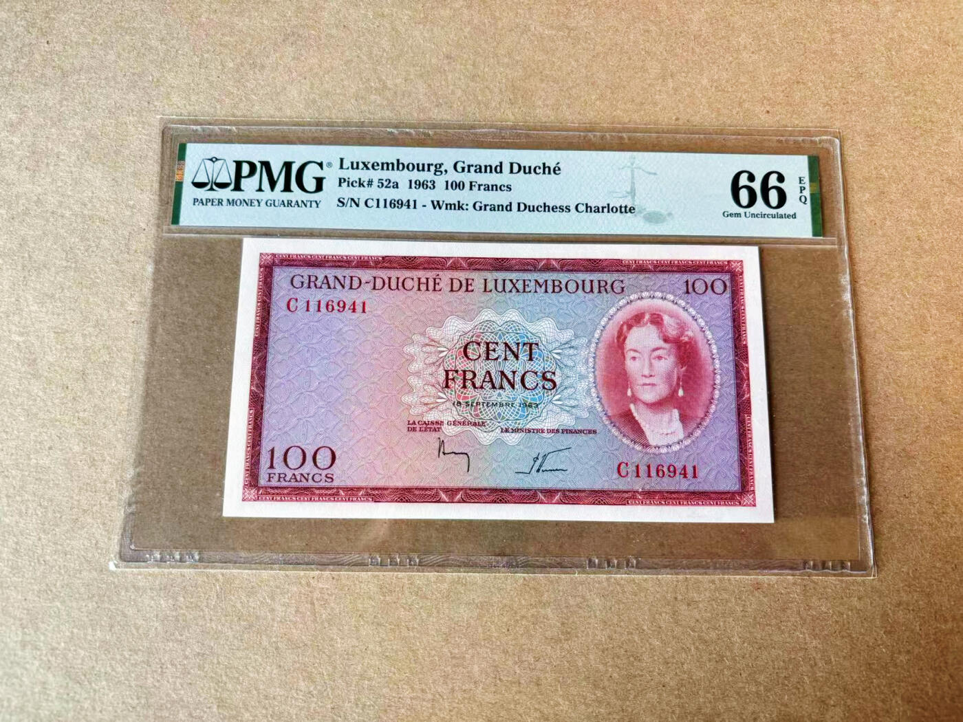 【Blue Auction】✨世界纸币精拍第609期【精】 卢森堡 1963年100法郎 女大公夏洛特  PMG66EPQ 