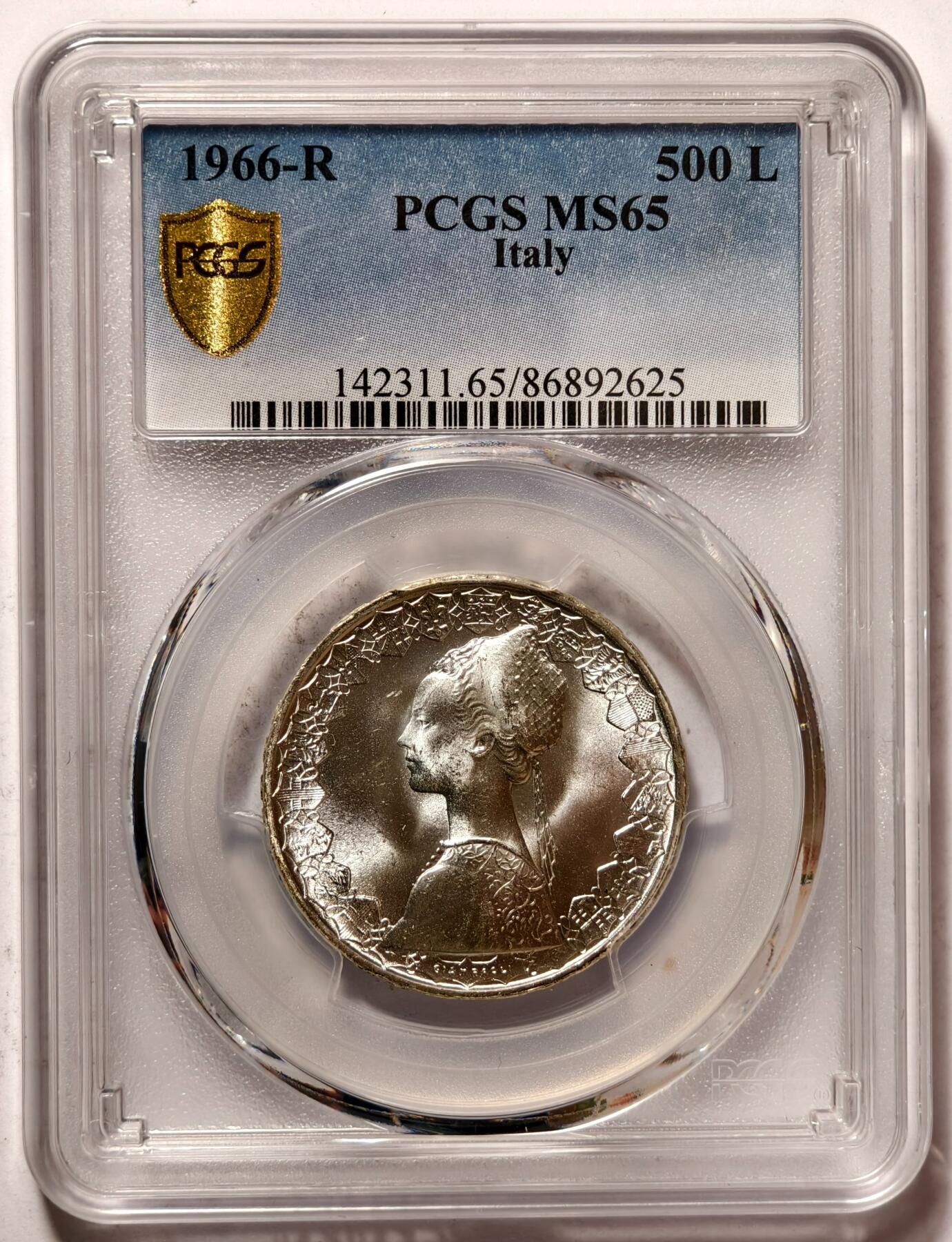 紫瑗钱币——第492期 意大利 1966年 R版 少女与帆船 500里拉 银币 PCGS MS65