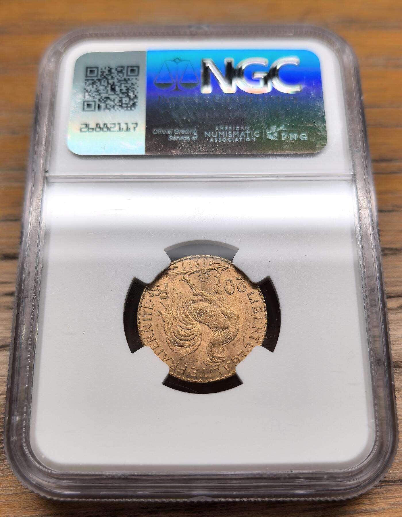 凡希社世界钱币微拍第二百九十五期 1911法国自由帽女神20法郎金币NGC-MS64，6.45g，900金