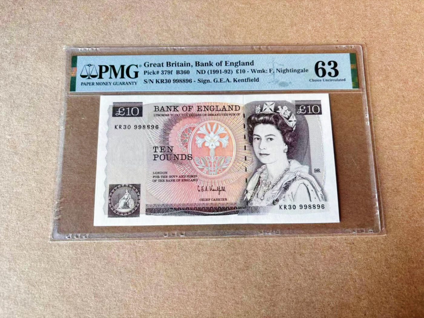 【Blue Auction】✨世界纸币精拍第609期【精】 【倒置号】英国 1991-92年10镑 PMG63