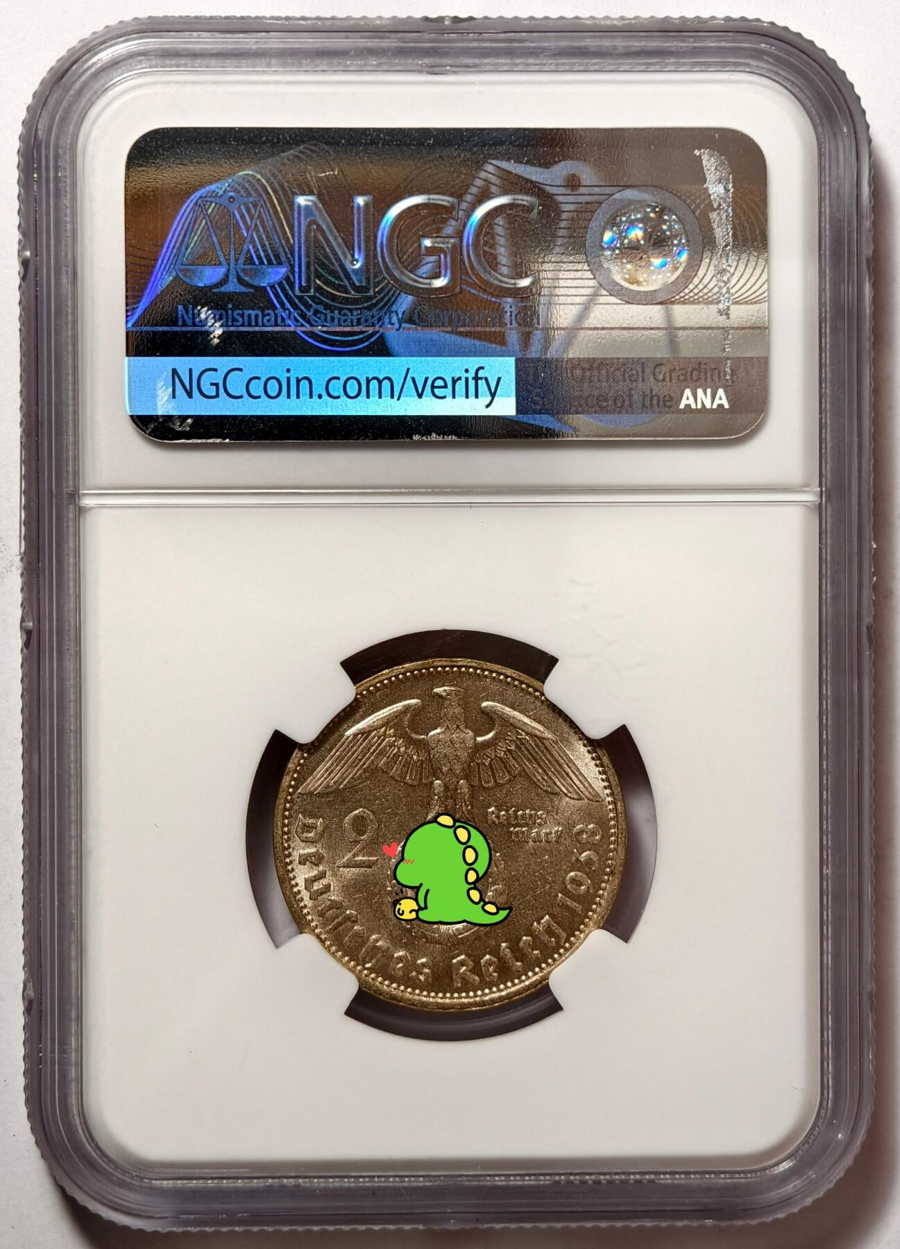 紫瑗钱币——第490期 德国 1938年 D版 兴登堡 字符 2马克 银币 NGC MS62