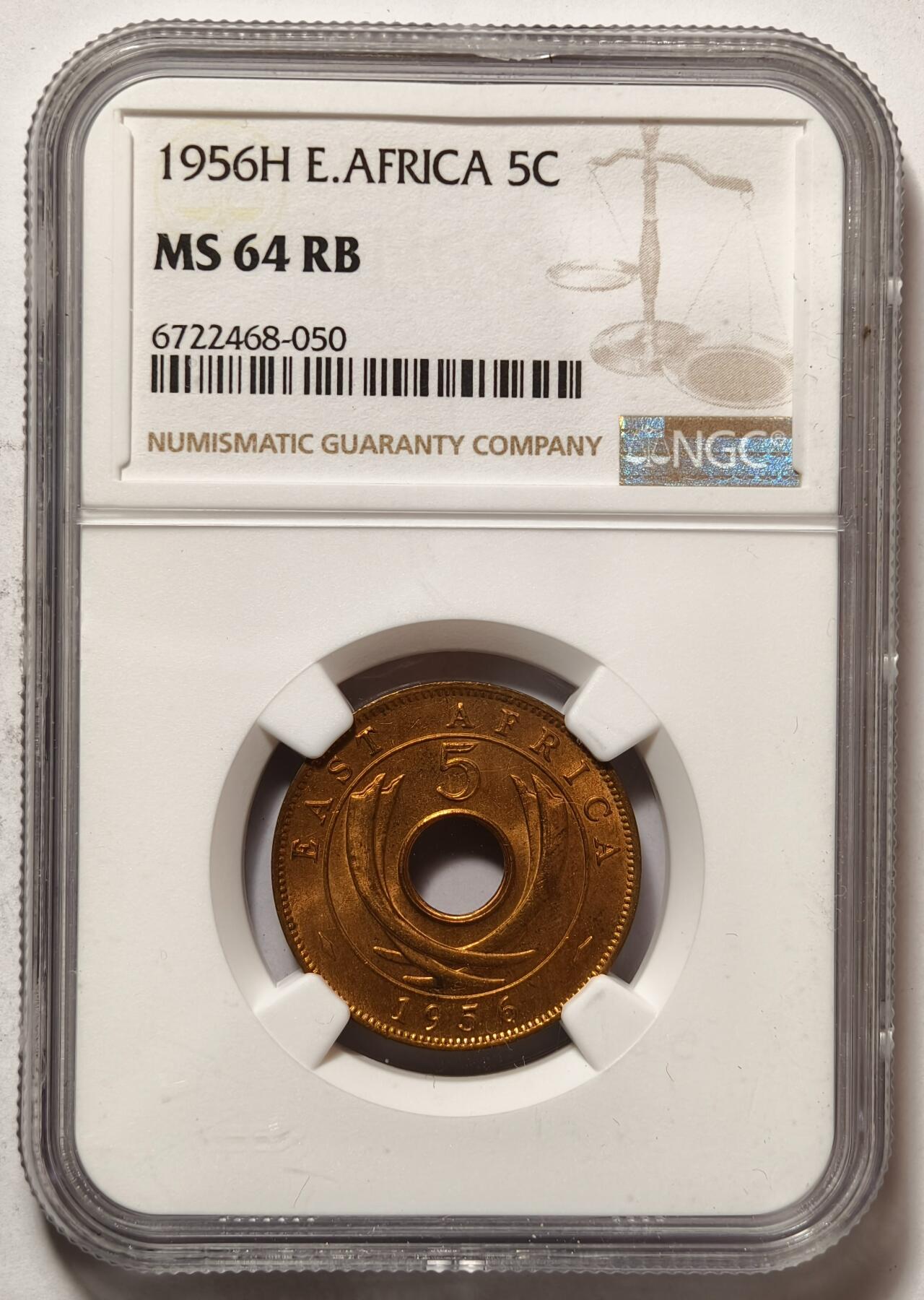 紫瑗钱币——第492期 英属东非 1956年 H版 伊丽莎白二世 5分 红铜币 NGC MS64 RB